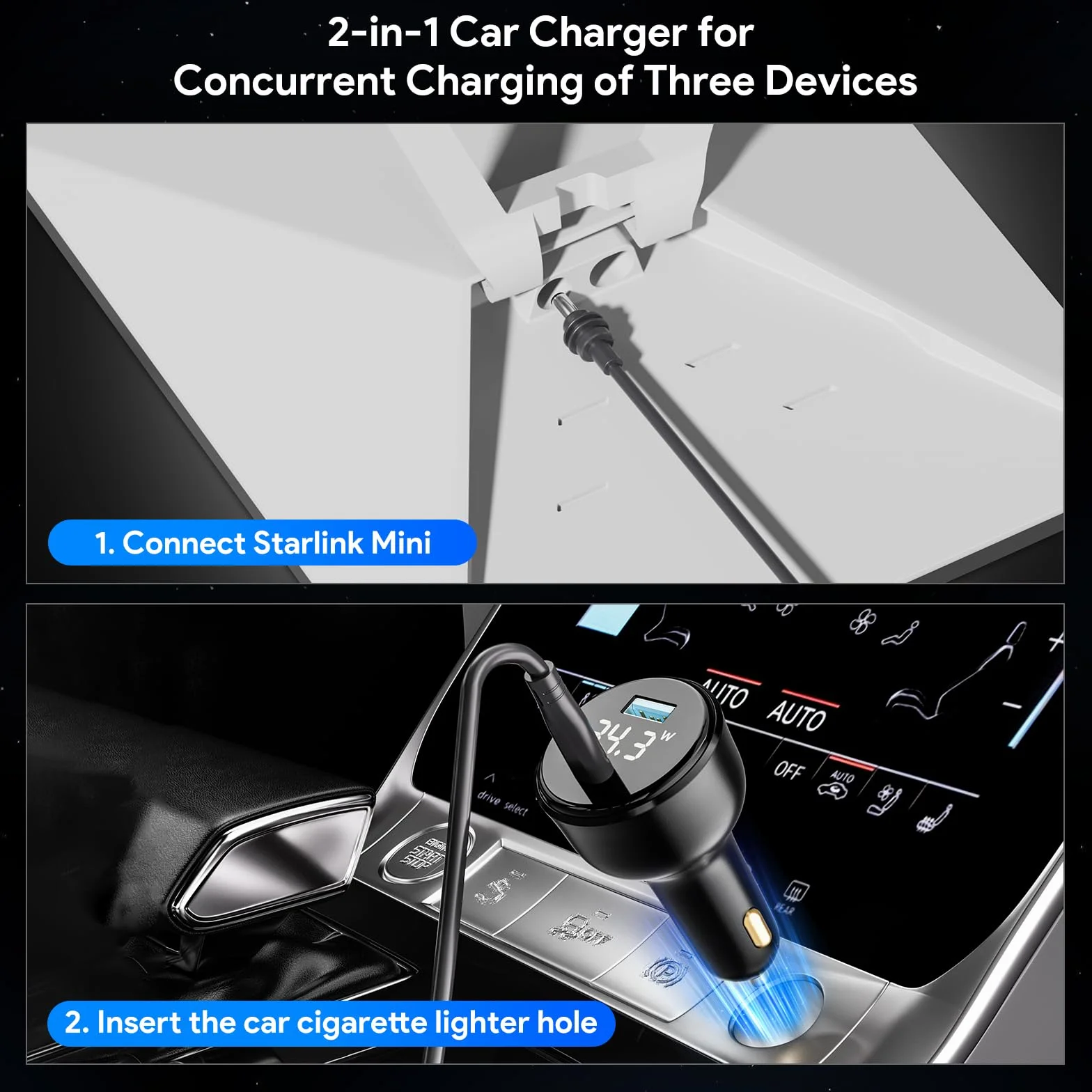 XLTTYWL Starlink Mini kabel 12 V - Star Link Mini adapter do zapalniczki samochodowej i kabel zasilający DC 12 V-24 V z cyfrowym wyświetlaczem przewód do ładowania z portem USB typu C, 3 m