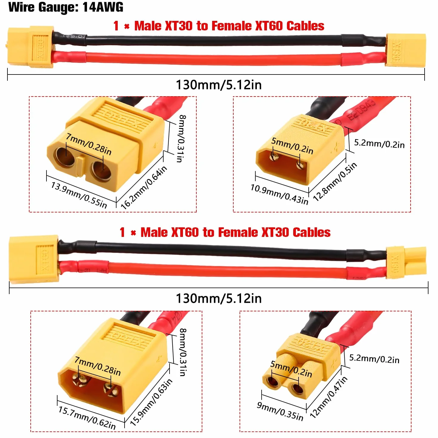 YIXISI Adapter Złącza Męskiego XT30 na Żeńskie XT60 i Adapter Złącza Męskiego XT60 na Żeńskie XT30, z Kablem Silikonowym 10 cm 14AWG, do Samochodowego Drona Lipo NiMH RC FPV Drone