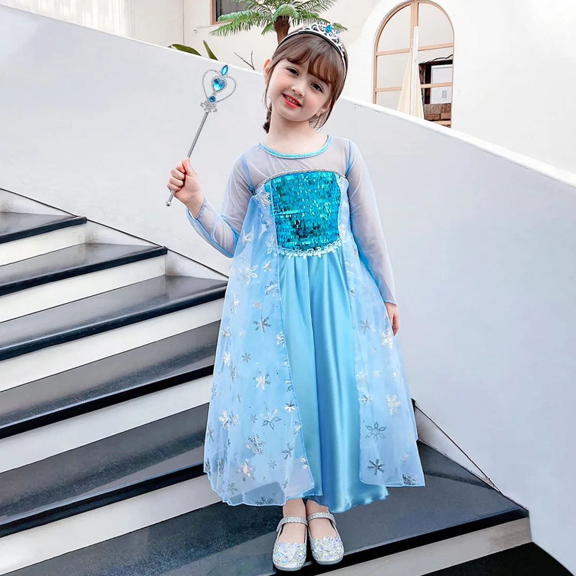URAQT Sukienka Elsa, Kostium Księżniczki Elsy Z Różdżką Wróżki I Tiarą Z Koroną, Sukienka Elsa Anna Dla Dziewczynek, Deluxe Girls Fancy Dress Na Imprezę Cosplay Druhna Korowód