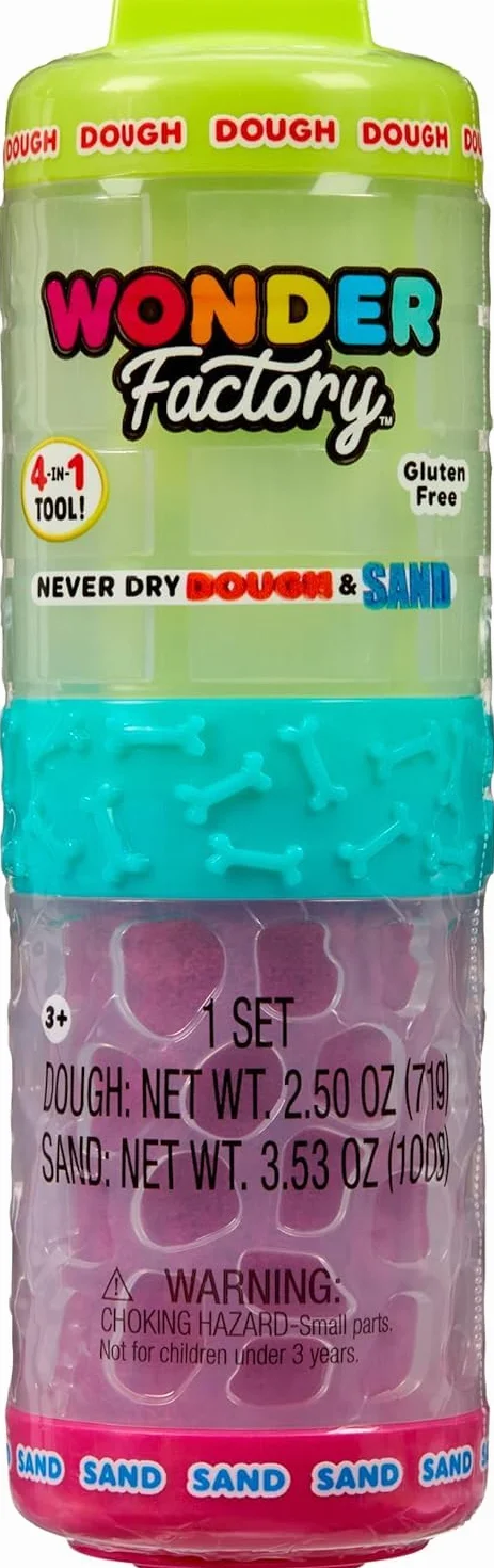 Wonder Factory Never Dry Dough and Sand Starter Set – Zawiera 1 Tubkę z 104 ml Piasku i 1 Tubkę z 74 ml Bezglutenowej Masy Plastycznej. Nigdy nie Wysycha, Zabawa Pełna Nieskończonych Możliwości