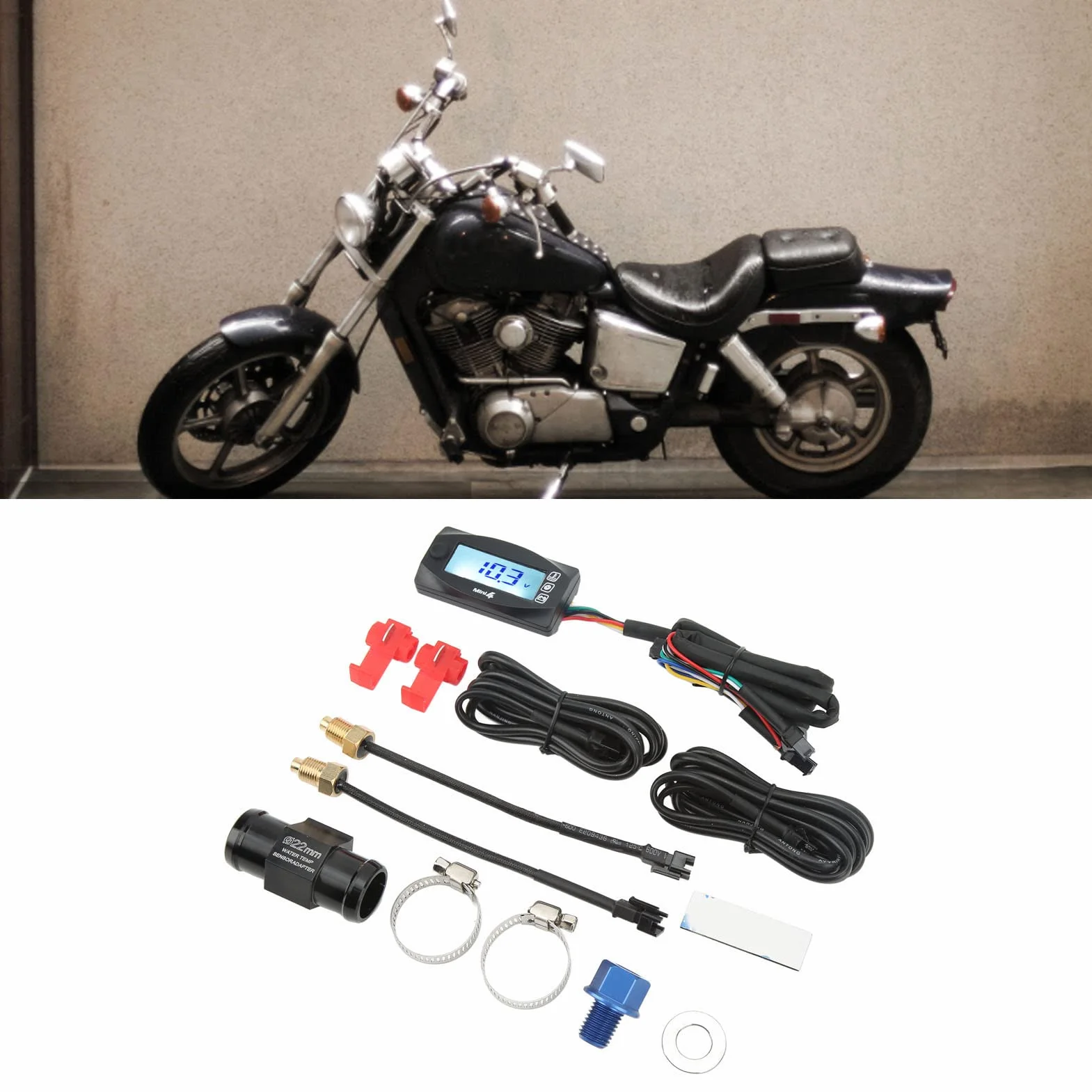 Termometr Motocyklowy, 4 w 1 Temperatura Wodnego Czas Wskaźnik Napięcia LCD Cyfrowy Wyświetlacz DC12V Uniwersalny do Motocykla (M12*1.5)