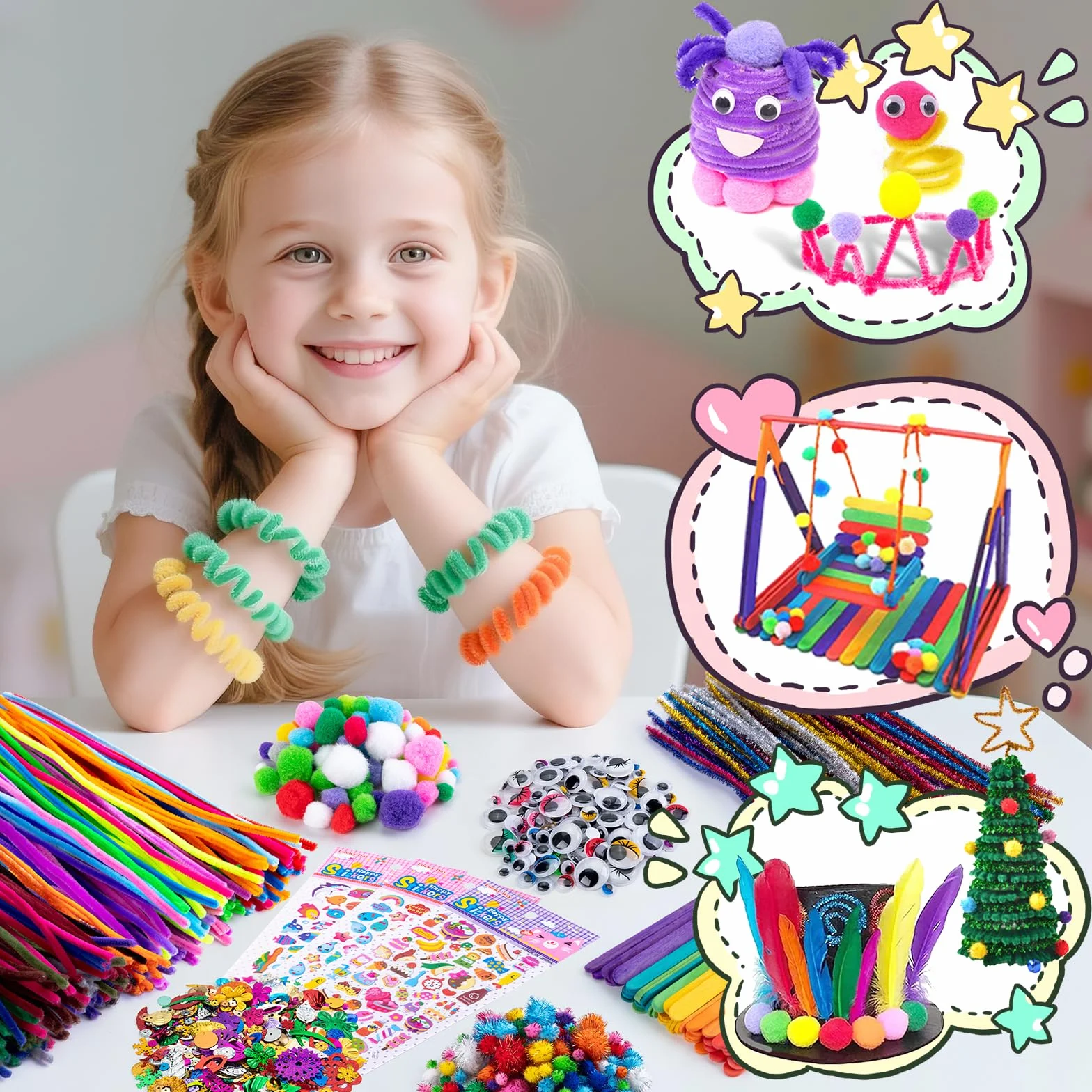Sundaymot Bastelset Kids, DIY Kreatywny Scrapbooking Basteln Koffer do rzemiosła z czyścicielem piwek, zestaw rzemiosła dla dziewcząt chłopców 3+ lata Prezenty