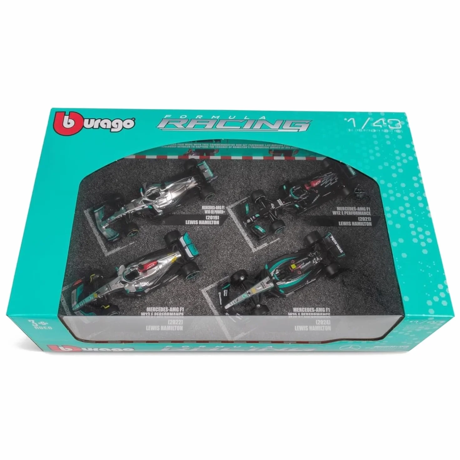 F1 MERCEDES AMG Petronas W12 W13 W14 zestaw 4 modeli samochodów Formuła 1 F1 2021-2023 - LEWIS HAMILTON GEORGE RUSSEL - Skala 1:43 12 cm - BBurago 38093