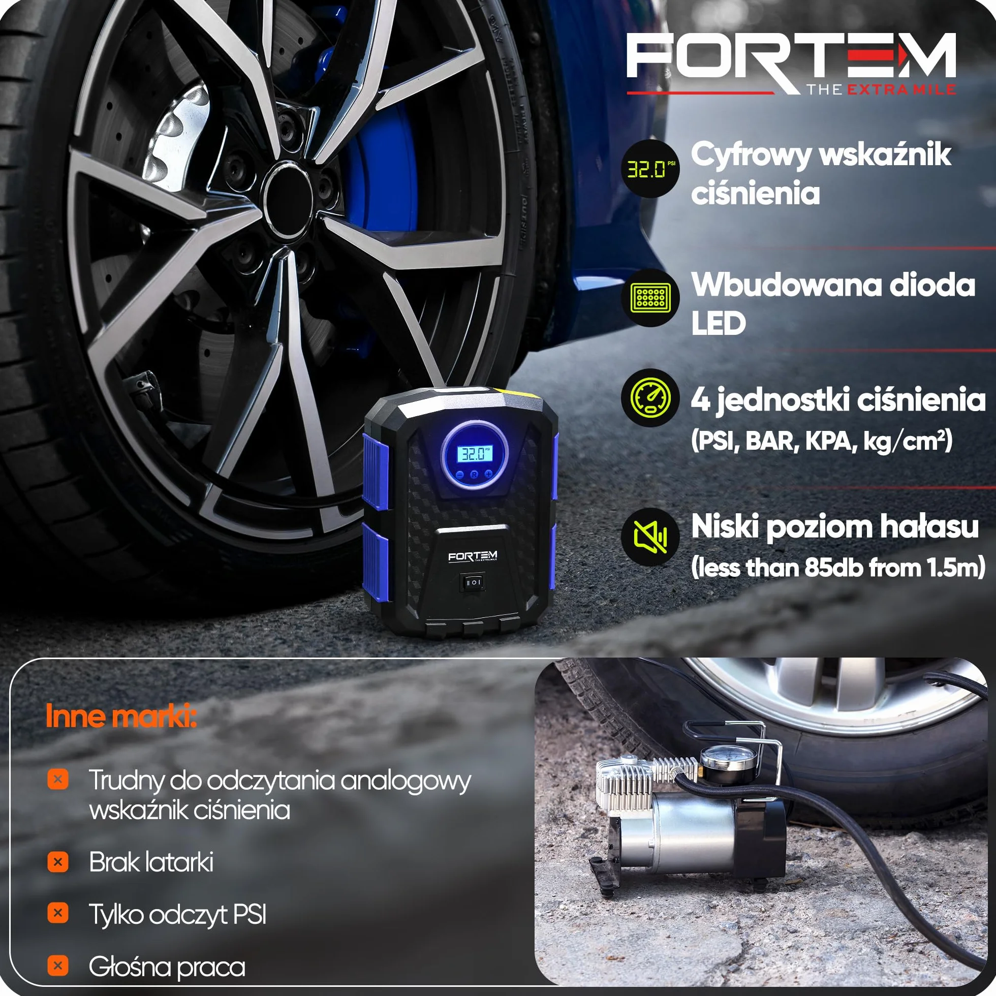 FORTEM Kompresor Samochodowy Przenośna Pompka Elektryczna z Cyfrowym Manometrem i Automatycznym Pompowaniem