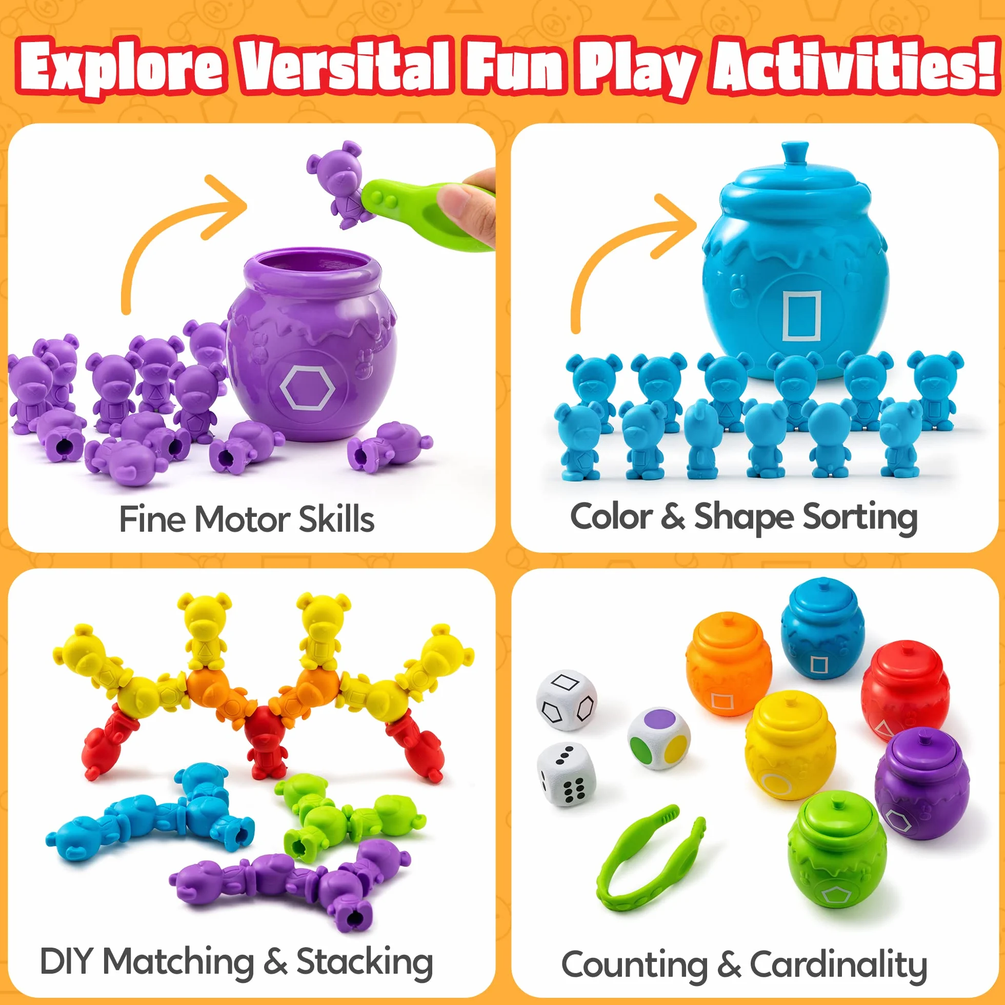 JOYIN72 Stück Zählbären - Bunte Zählen Bären mit passenden Sortierbechern für Farben Lernen der Kleinkinder, STEM Pädagogisches Spielzeug, Feinmotorik, Würfel und Aufgabenheft