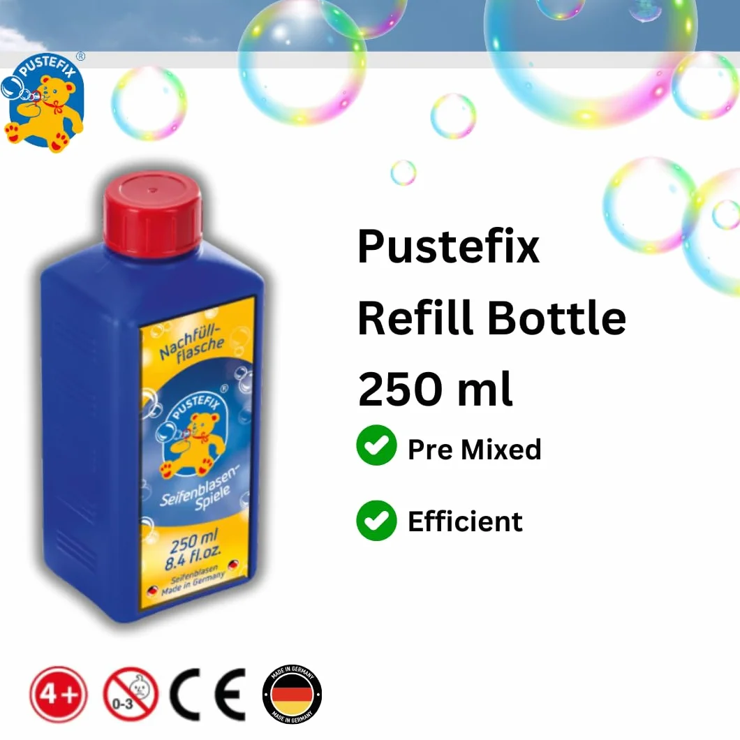 PUSTEFIX butelka uzupełniająca Mini, 250 ml płyn do baniek mydlanych Made in Germany bańki mydlane na wesele urodziny dziecka wieczór bańki mydlane dla dzieci i dorosłych