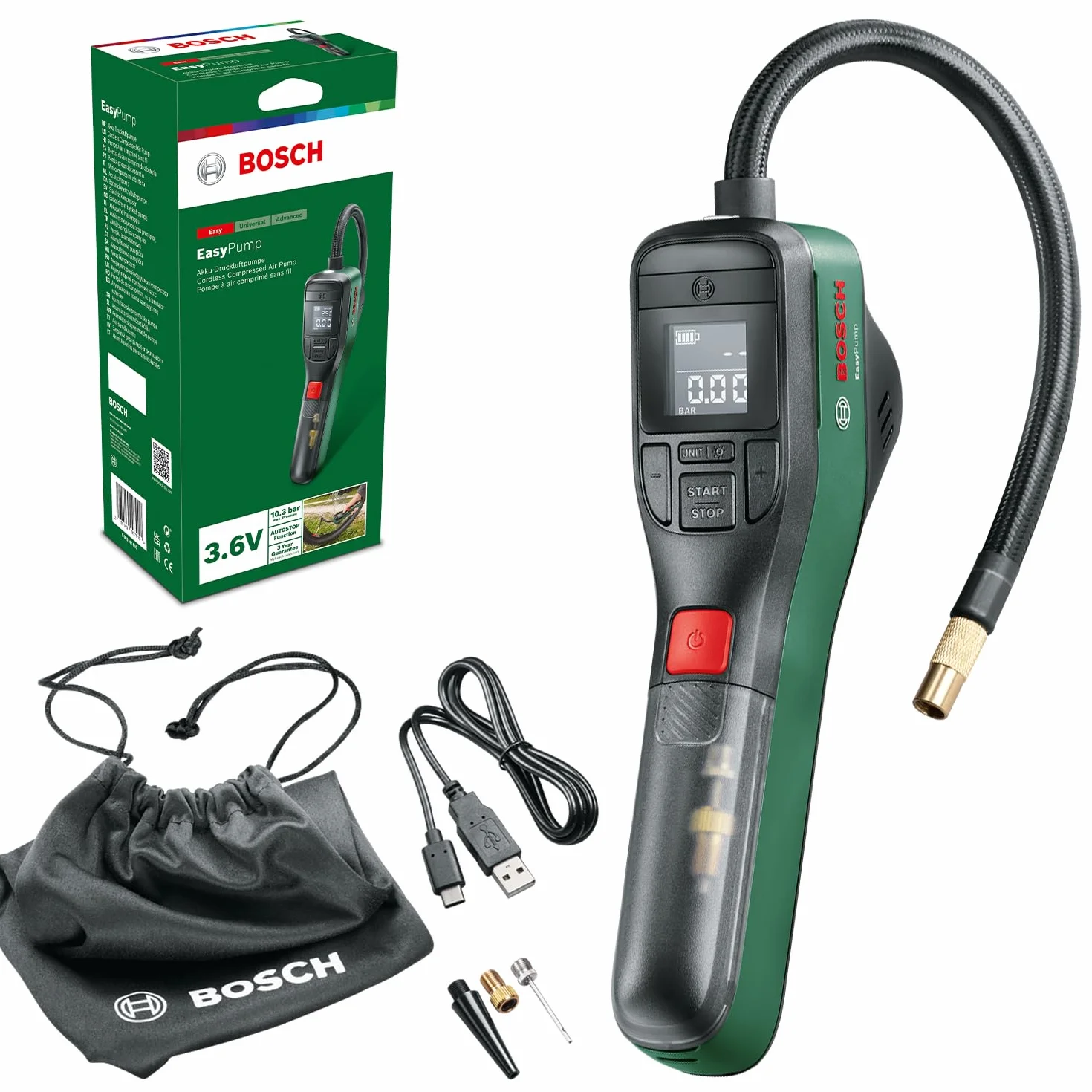 Bosch Home And Garden Elektryczna Pompa Powietrza Mini Kompresor, EasyPump, Akumulator 3,0 Ah, 3,6 V, 150 PSI, 10,3 bar, LED, w Opakowaniu Kartonowym
