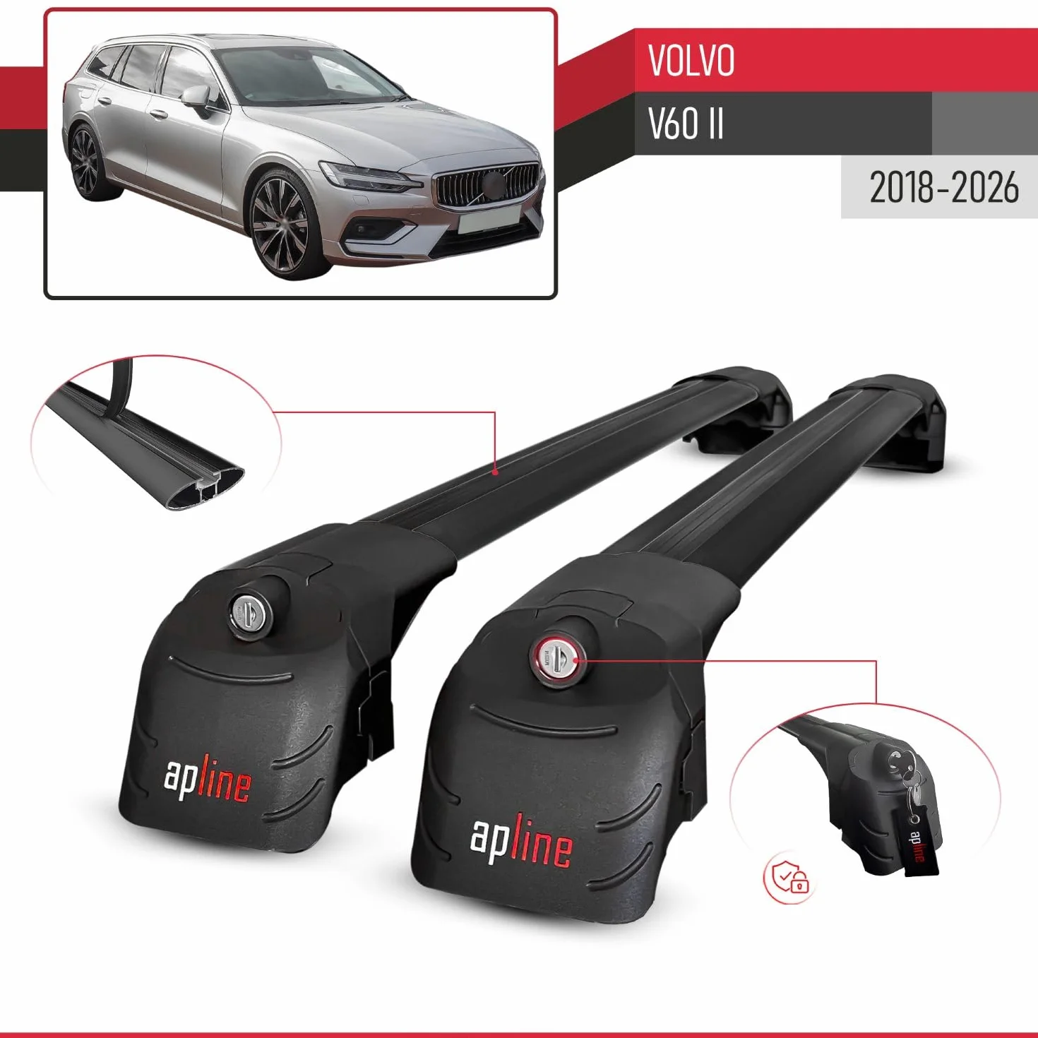 Aluminiowe poprzeczki dachowe Czarny 2 szt. do Volvo V60 II 2018-2026