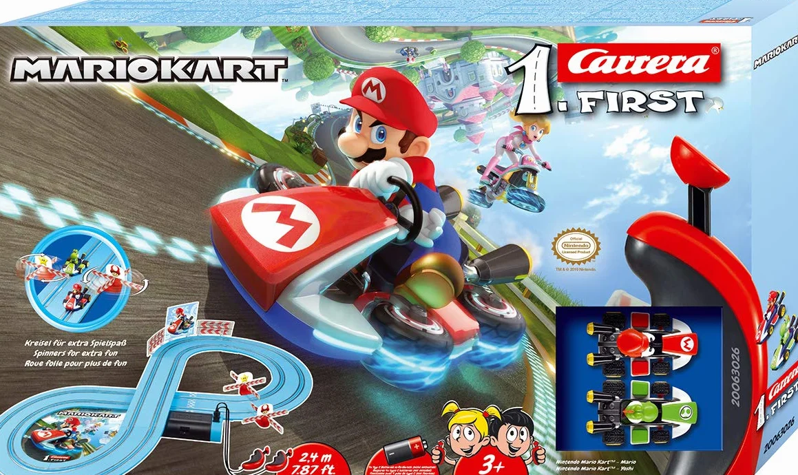 Carrera 20063026 First Nintendo Mario Kart zestaw dla małych dzieci elektryczny tor wyścigowy 2,4 m z samochodami zabawkowymi Mario & Yoshi z kontrolerem ręcznym i częściami toru dla dzieci od 3 lat