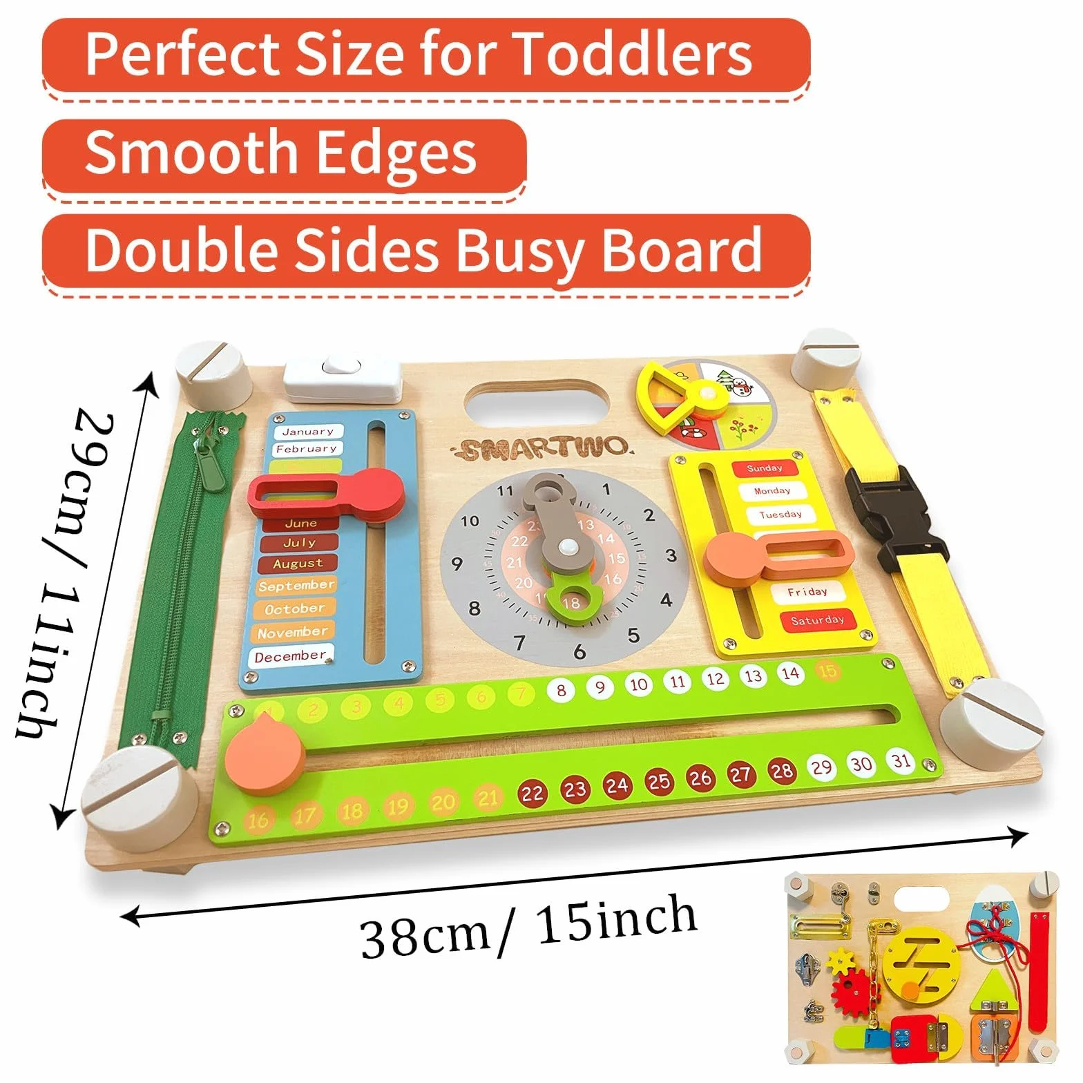 Drewniana tablica aktywności dla małych dzieci, zabawki Montessori dla dzieci w wieku 2, 3 i 4 lat, large double-sided wooden busy board, time learning, fine motor skill, early development