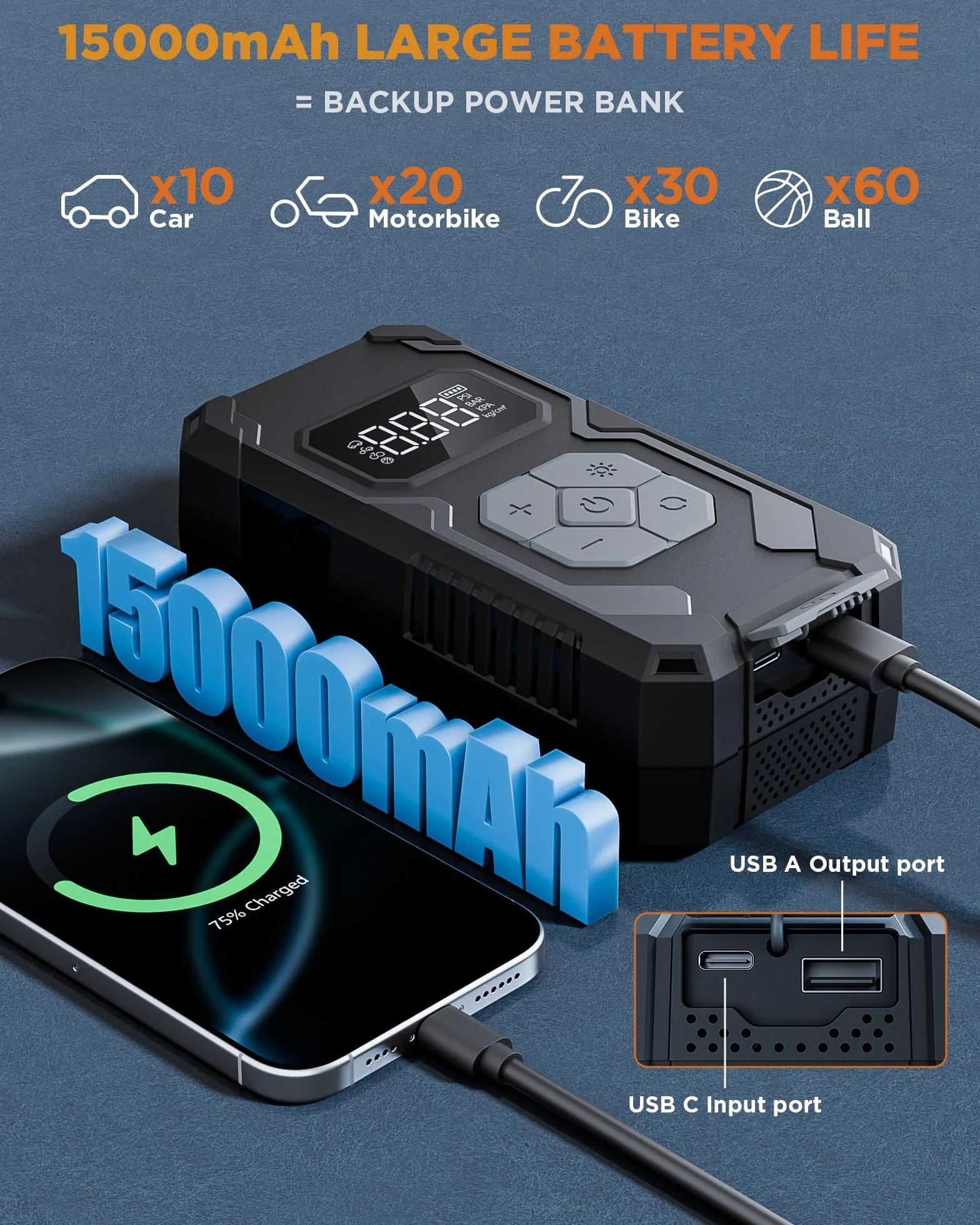 Elektryczna pompka powietrza 15000 mAh i 150 psi, przenośna sprężarka powietrza, kompresor akumulatorowy z manometrem, pompka rowerowa do wielokrotnego ładowania, do samochodu, roweru, motocykla,