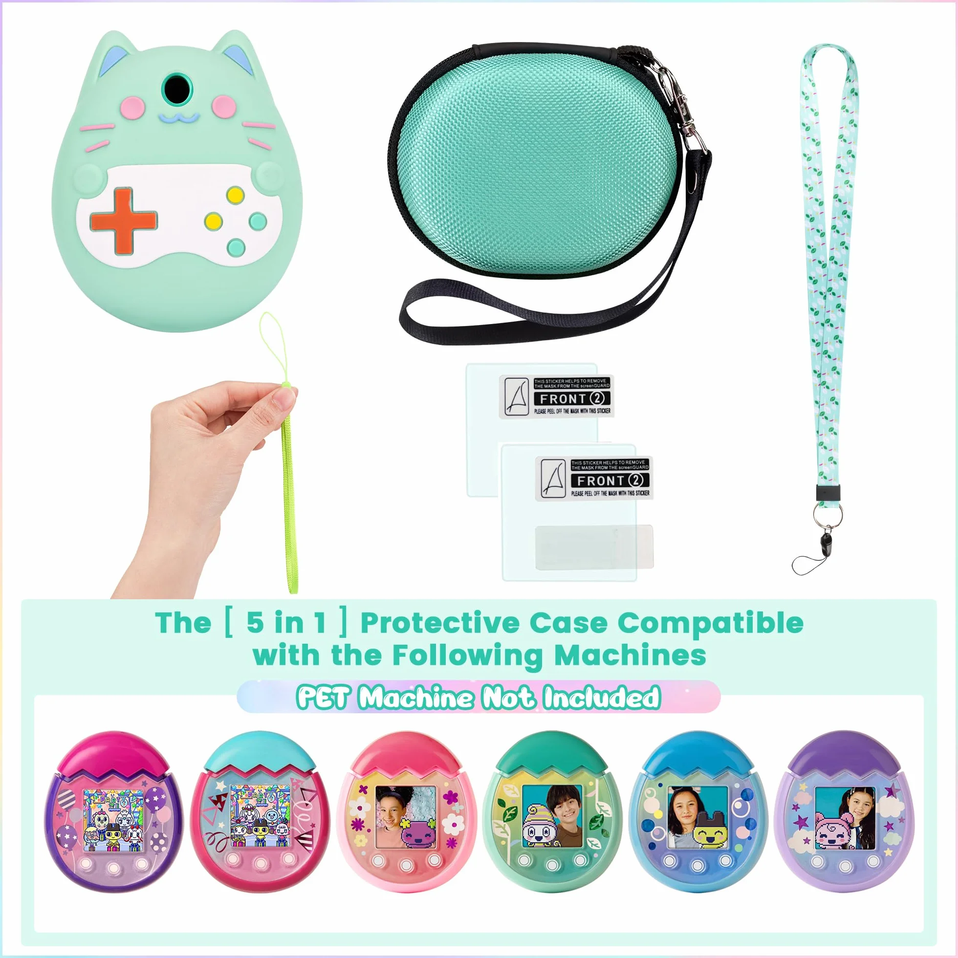 Silikonowe etui i twarda obudowa, kompatybilne z Tamagotchi Pix, etui ochronne do Tamagotchi Pix z paskiem na rękę, ochroną ekranu i smyczą (kolor zielony)