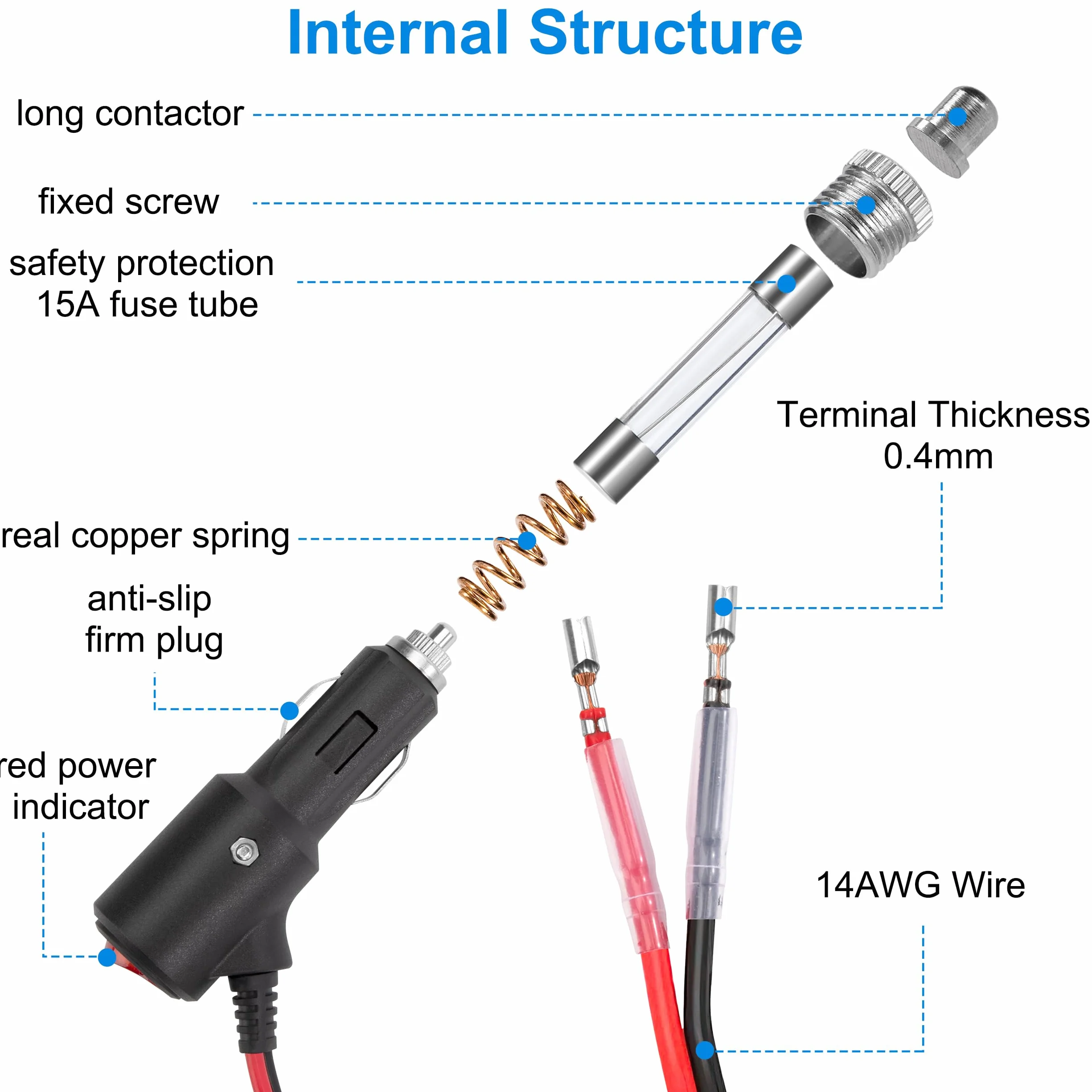 Wtyczka do zapalniczki samochodowej 12V/24V z przełącznikiem, przedłużacz 1m, 14 AWG, bezpiecznik 15A