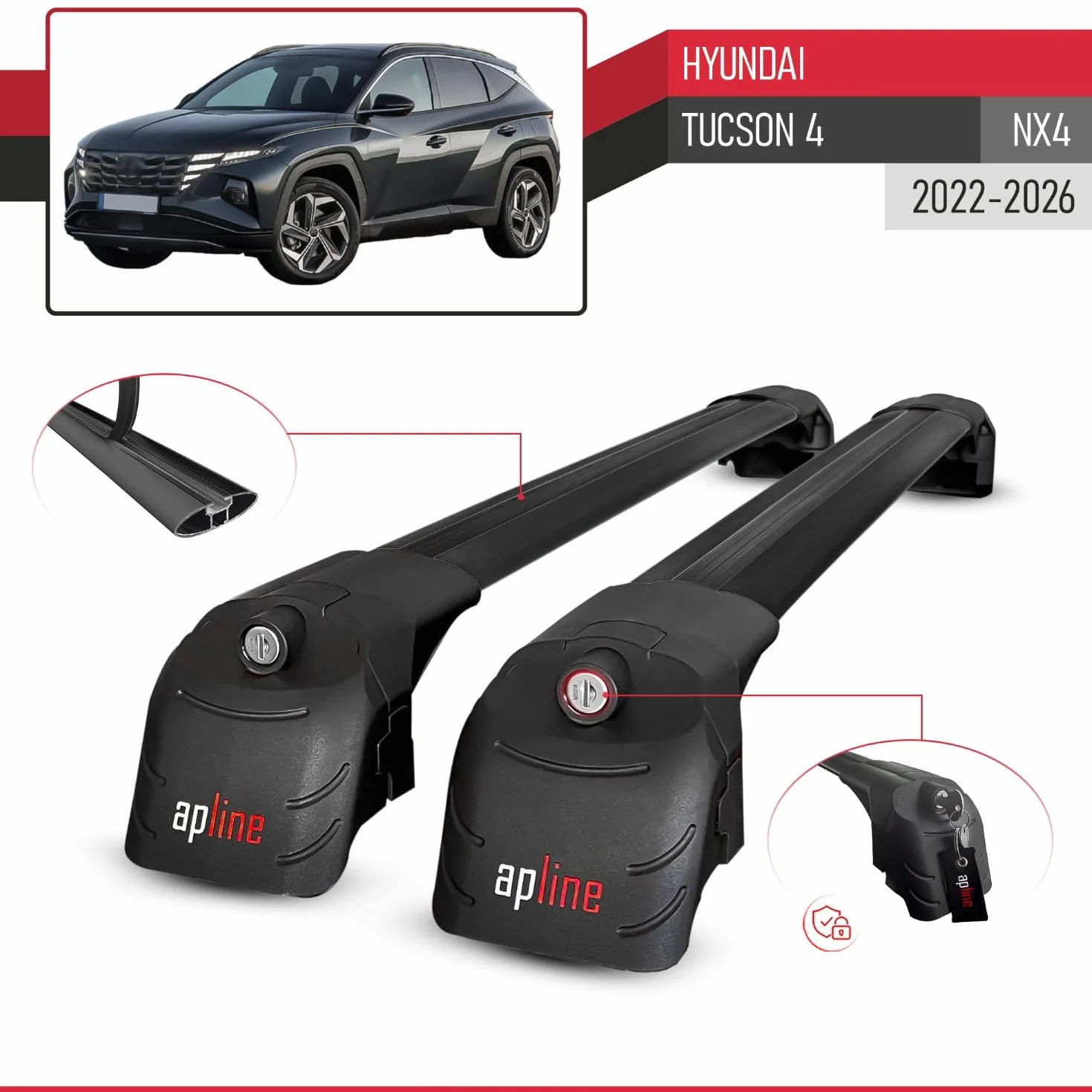 Kompatybilny z Hyundai Tucson 4 (NX4) 2022-2026 Aluminiowy bagażnik dachowy – 2 poprzeczki, czarne