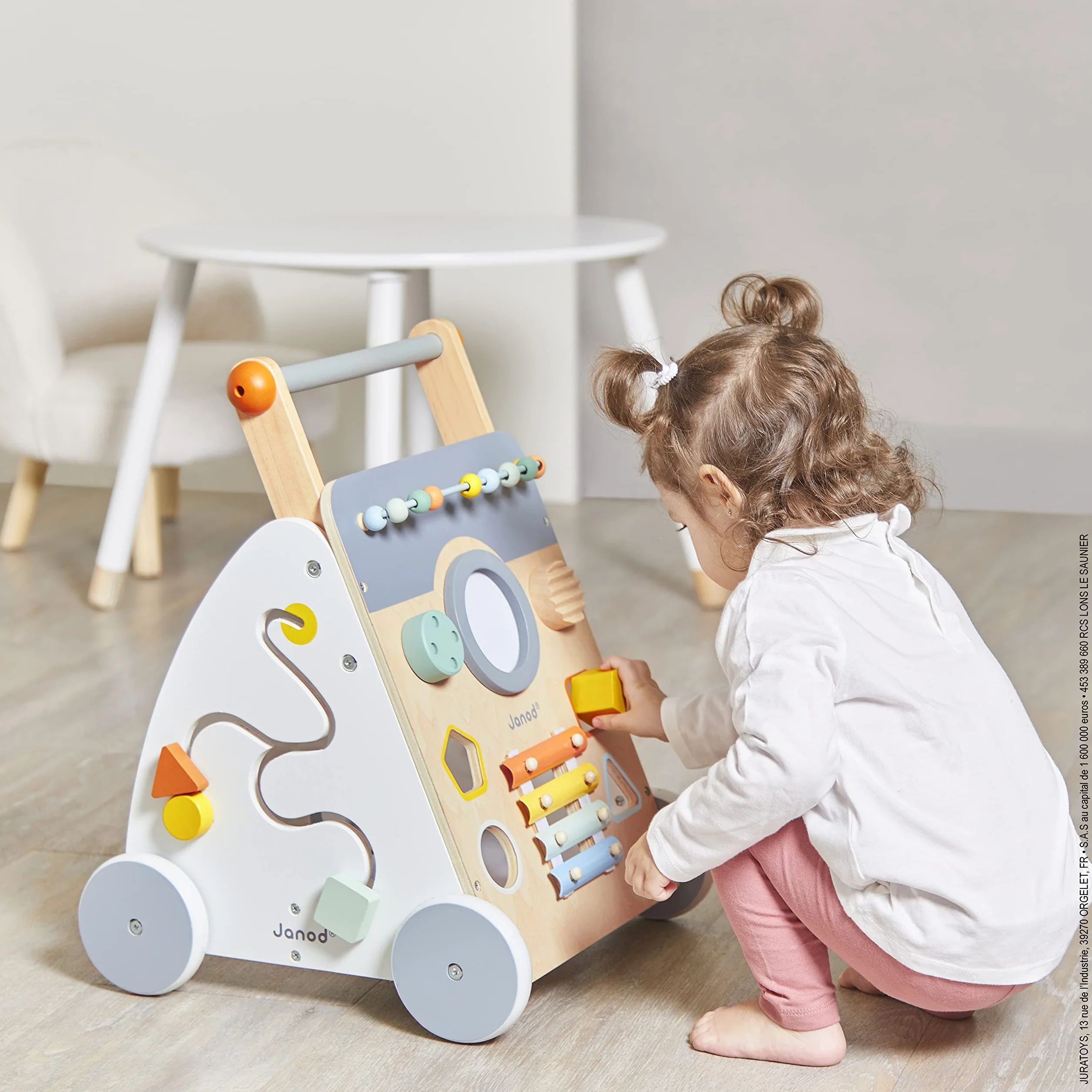 Janod - Sweet Cocoon Multi-Activity Cart - Wooden Push-In Walking Trolley - 9 Activities - Quiet Wheels, Water Based Paint - from 1 Year Old, J04410
