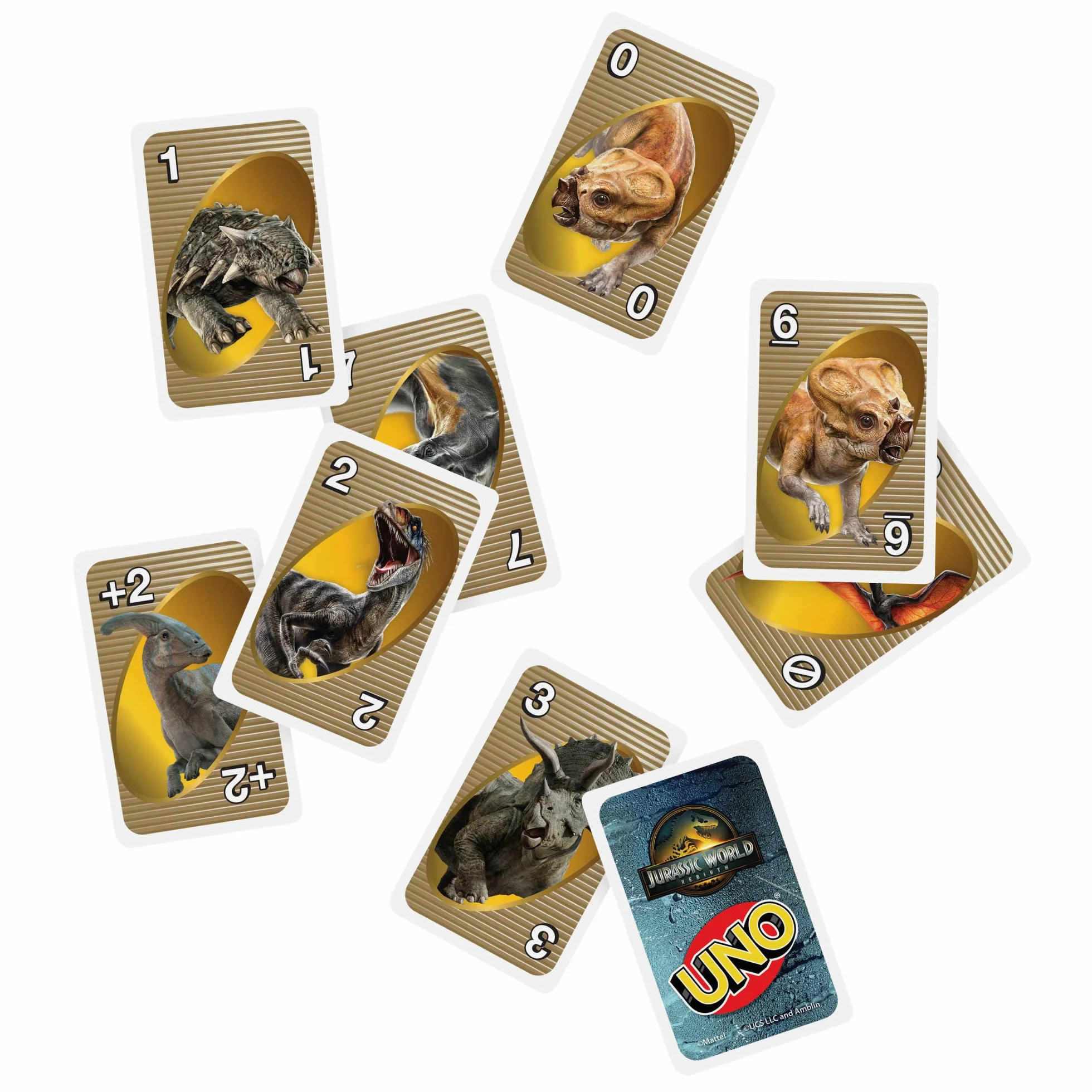 Mattel Games, Karty UNO Jurassic World Odrodzenie Gra karciana dla dzieci, rodzin i dorosłych na wieczór gier, talia z regułą specjalną i grafikami inspirowanymi filmem, JFT28