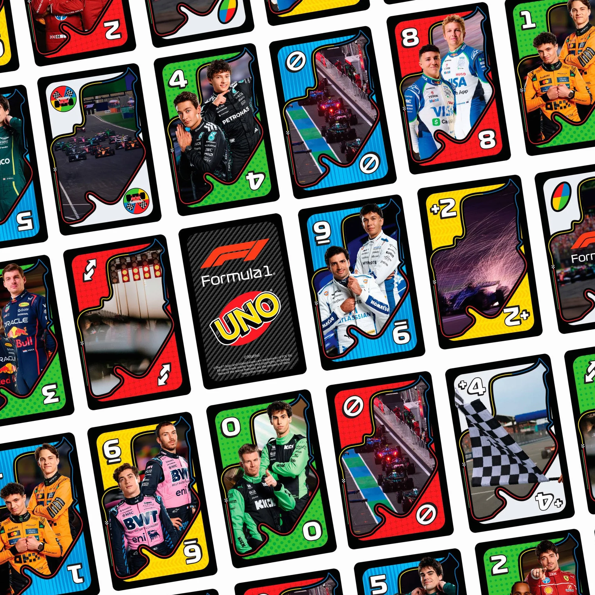 Mattel Games UNO Formuła 1 Gra karciana, karty z grafikami ze świata Formuły 1, imprezowa, rodzinna i towarzyska gra dla dzieci 7+ i fanów, JMF10
