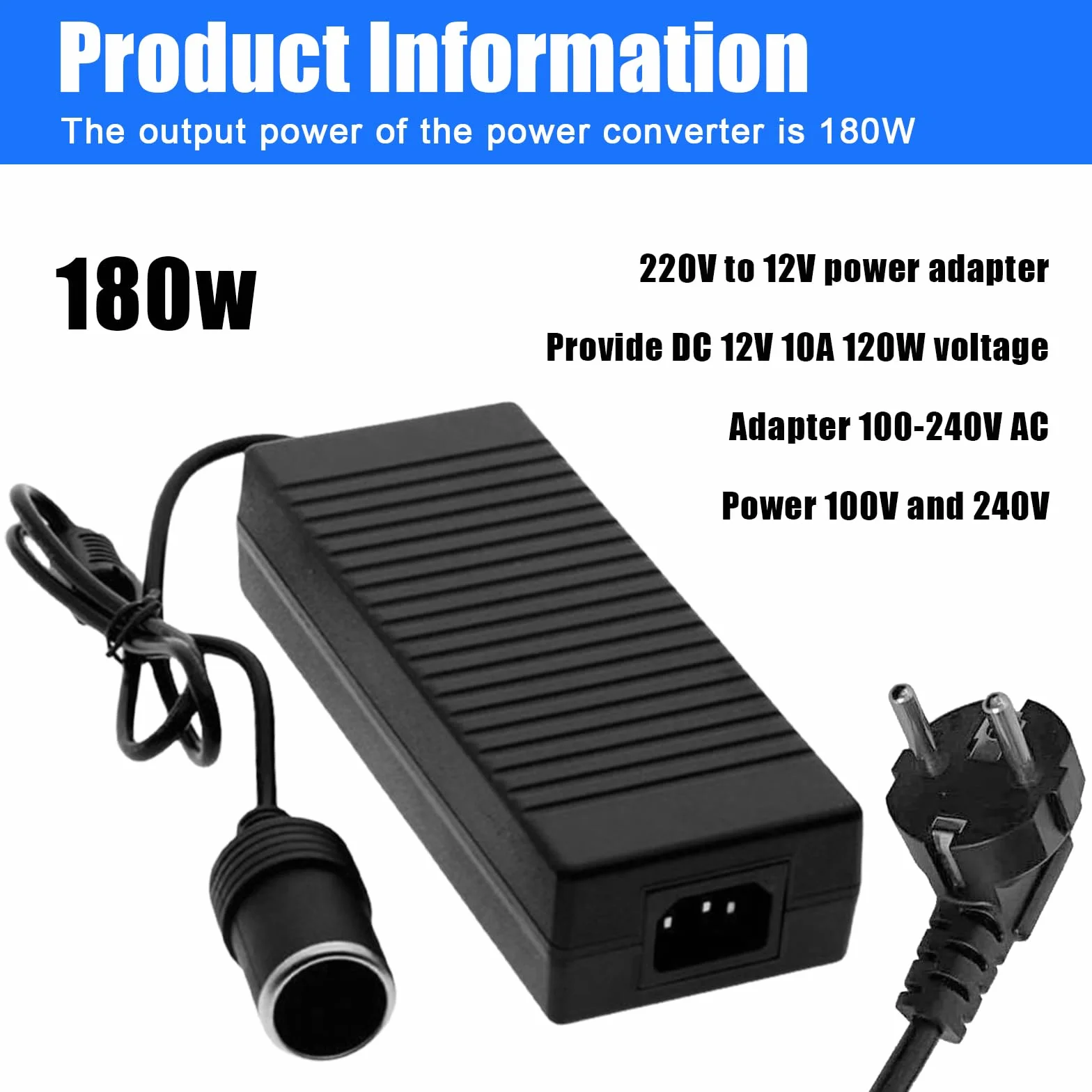 Przetwornica napięcia 220 V na 12 V 180 W 15 A adapter sieciowy do samochodu z wbudowanym wentylatorem