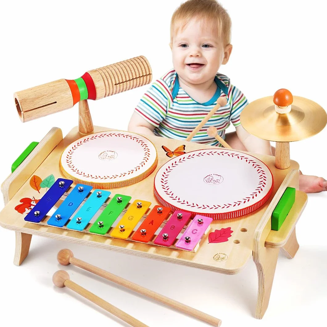 Sweet Time Bęben dla Niemowląt - Instrument Muzyczny, Zestaw Perkusyjny dla Dzieci, Drewniany Stół Muzyczny, Zabawki Montessori dla Chłopców i Dziewcząt