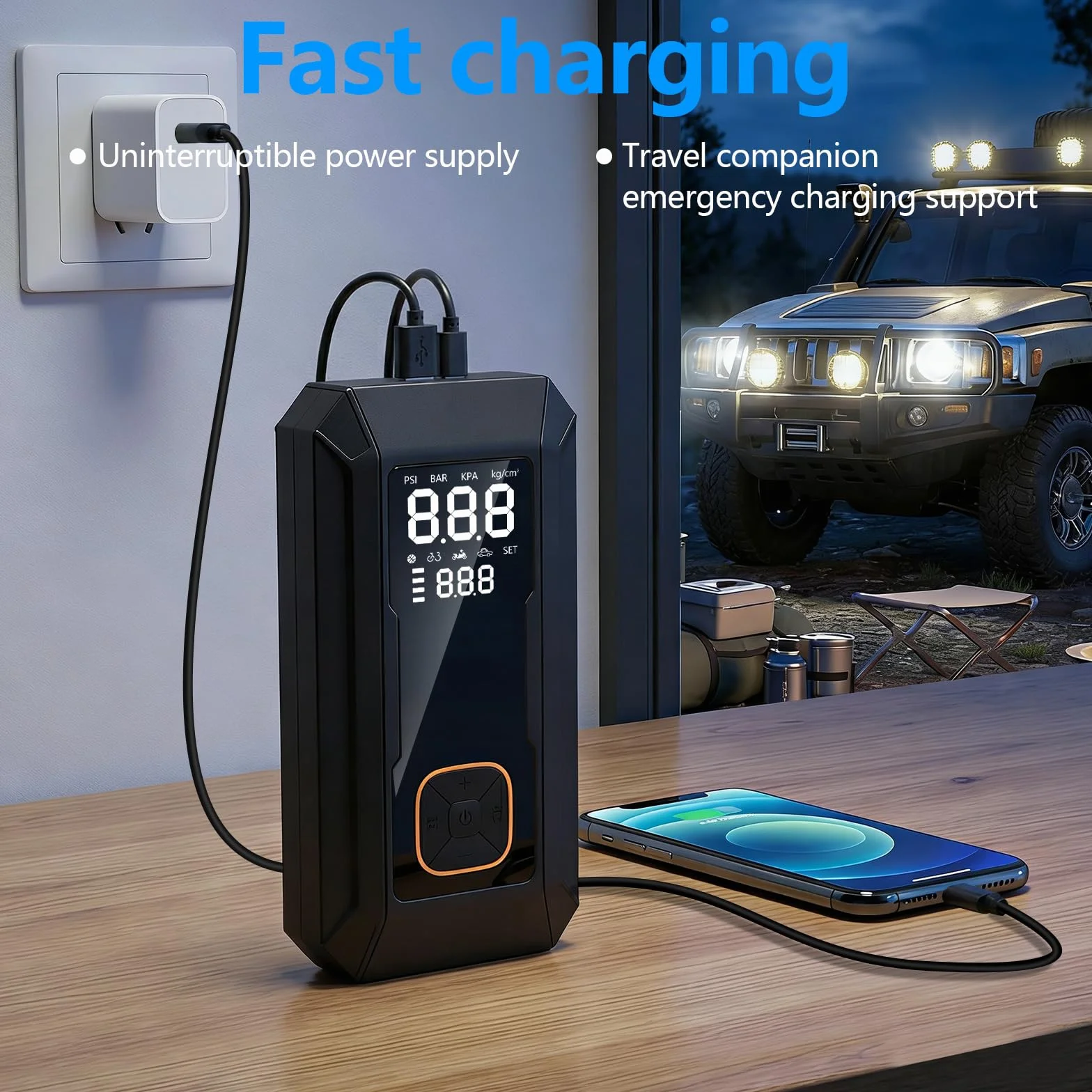 Booster akumulator ze sprężarką, rozrusznik do akumulatora samochodowego, pompka opon 150 PSI, 8000 mAH do opon samochodowych, dowolny gaz lub olej napędowy 8,0 l, ekran LCD, oświetlenie awaryjne