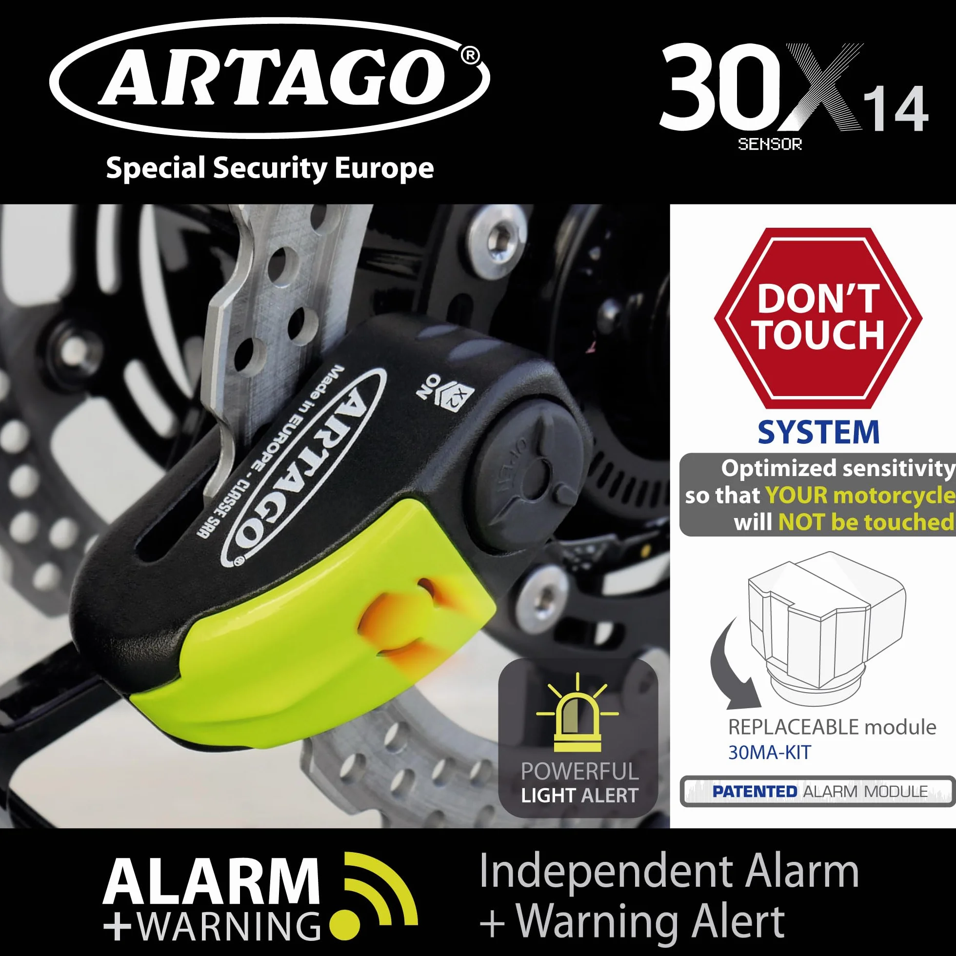 Artago 30X14 Kłódka przeciwkradzieżowa z alarmem 120 dB, podwójna blokada ø14, Secure Gold SRA