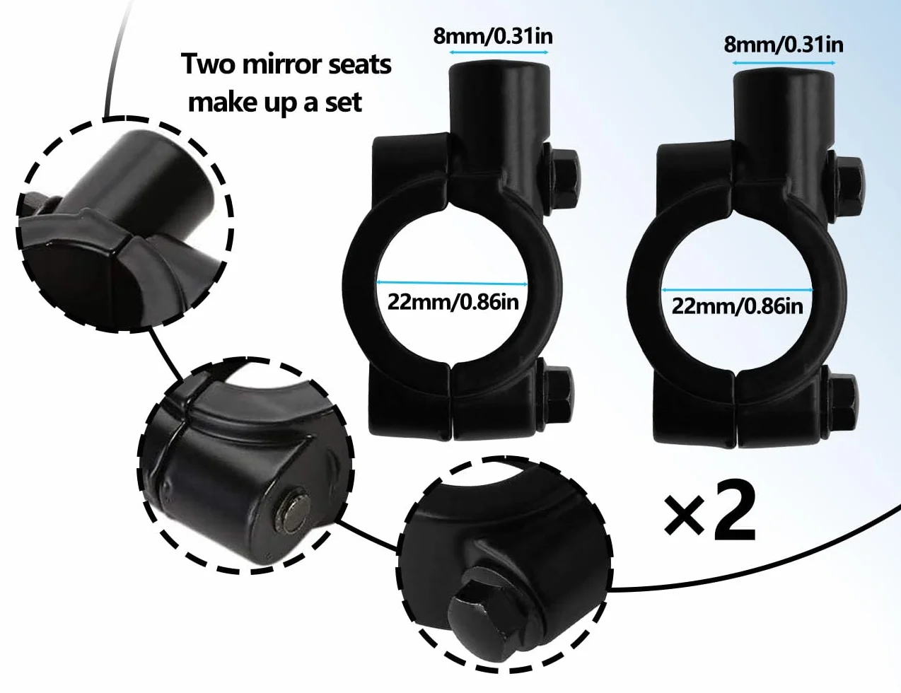 2 szt. Uchwyt lusterka motocyklowego, uniwersalny uchwyt na kierownicę, adapter lusterka, uchwyt lusterka wstecznego, uchwyt adaptera lusterka (czarny, 8 mm)