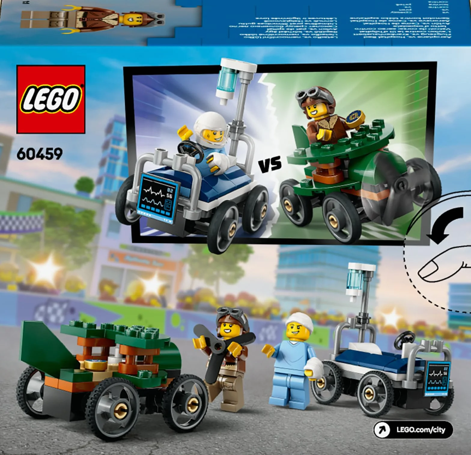 LEGO City Zestaw Wyścigówek: Samolot Kontra Łóżko Szpitalne, Konstrukcyjna Zabawka dla Dziecka do Zbudowania, Pojazdy z Minifigurkami, Kreatywny Prezent dla 5-latka, dla Chłopca i Dziewczynki, 60459