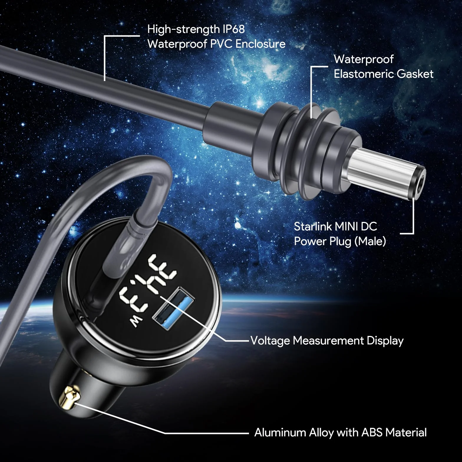 XLTTYWL Starlink Mini kabel 12 V - Star Link Mini adapter do zapalniczki samochodowej i kabel zasilający DC 12 V-24 V z cyfrowym wyświetlaczem przewód do ładowania z portem USB typu C, 3 m
