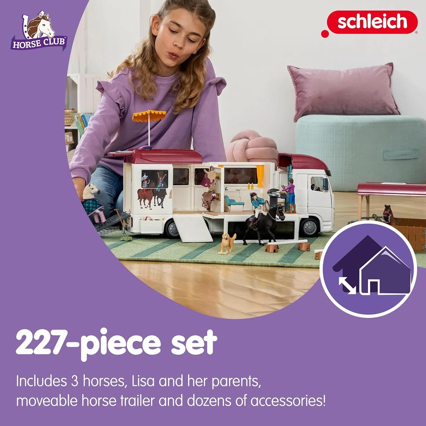 schleich HORSE CLUB | Transporter dla koni 42619 | z boksem, 3 końmi, Lisą, jej rodzicami i akcesoriami | idealny prezent dla dziewczynek i chłopców | zabawka z końmi od 5 lat | zestaw 227 elementów