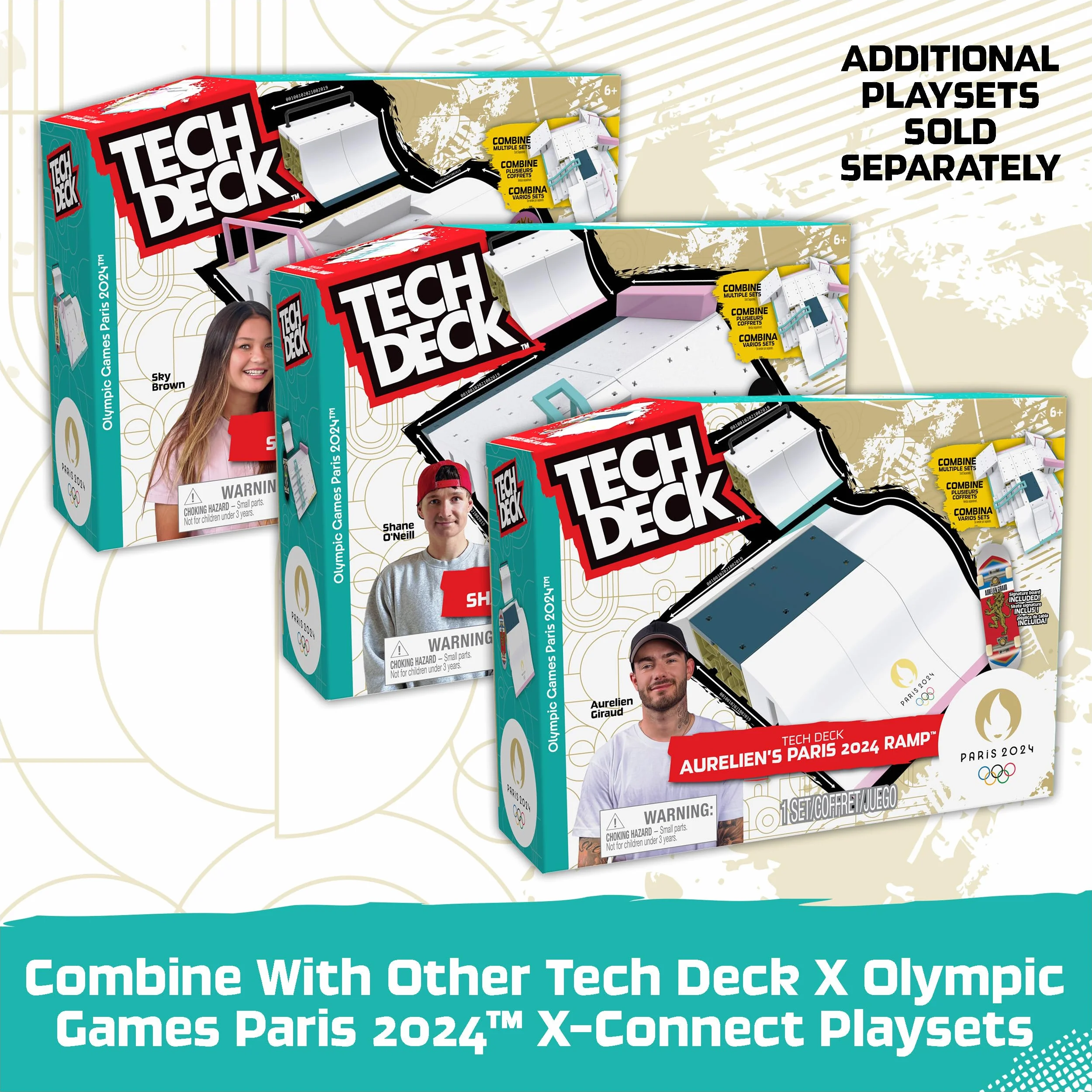 Tech Deck - Finger Skate - Park X-Connect Aurélien Giraud - Oficjalny produkt na licencji Igrzysk Olimpijskich w Paryżu 2024 - Modułowy skatepark - Mini Skate Finger - Zabawka dla dzieci w wieku 6 lat