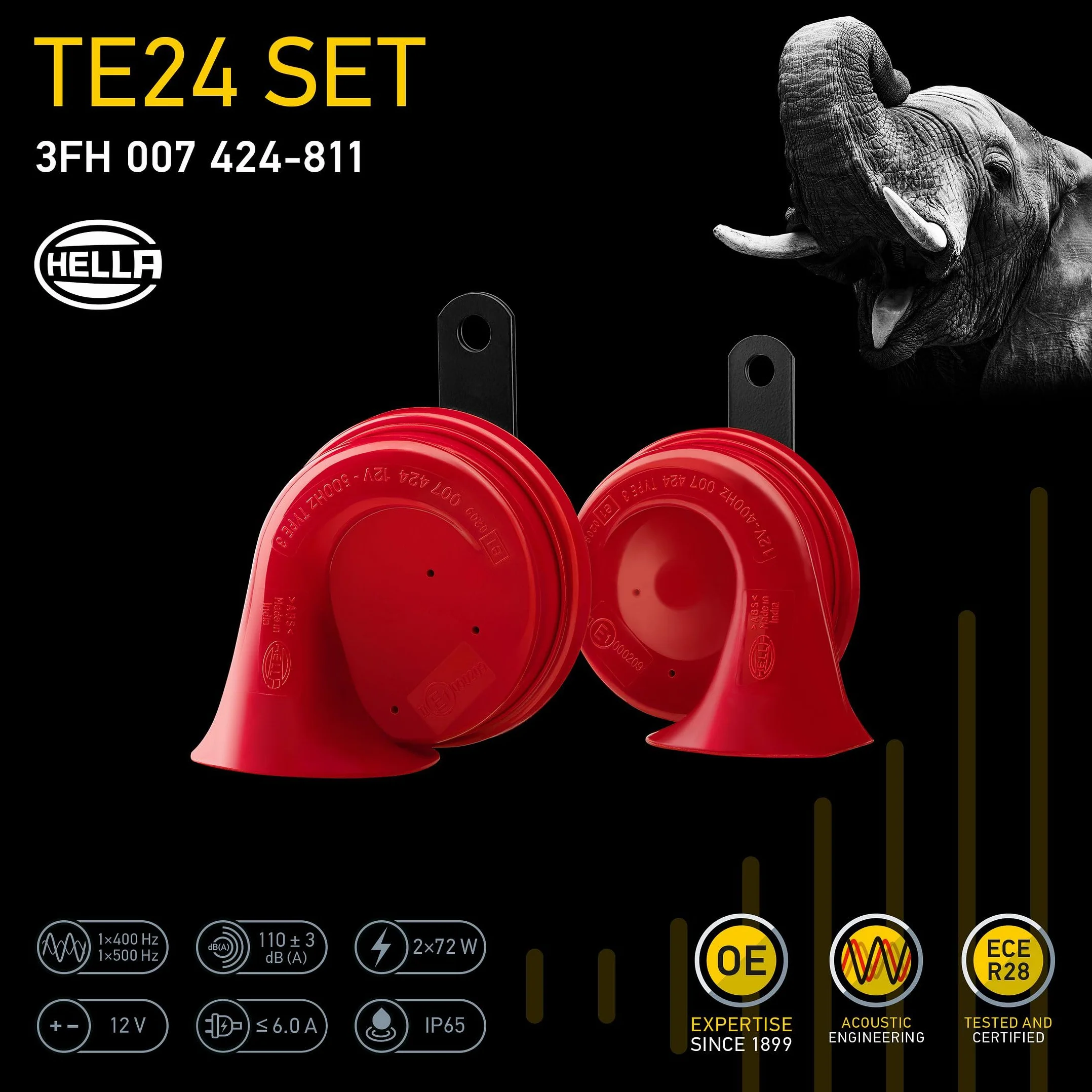 HELLA Fanfara TE24 SET 12V 110dB 400-500Hz Sygnał niski/wysoki ECE czerwony czarny 3FH 007 424-811
