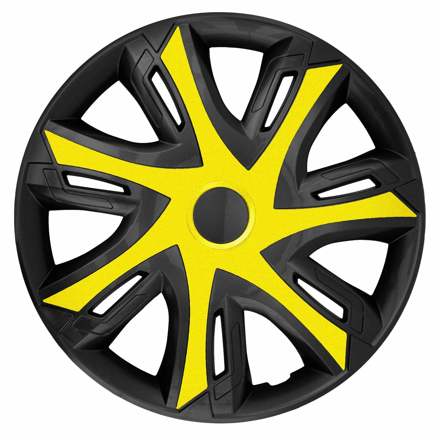 NRM Kołpaki 15" N-Power Żółto-Czarne, Zestaw 4 szt. Uniwersalne, Idealne do Kół Stalowych, Kołpaki Wciskane, Wykonane z Plastiku ABS, Komplet Kołpaków Ozdobnych do Opel, Fiat, Mazda
