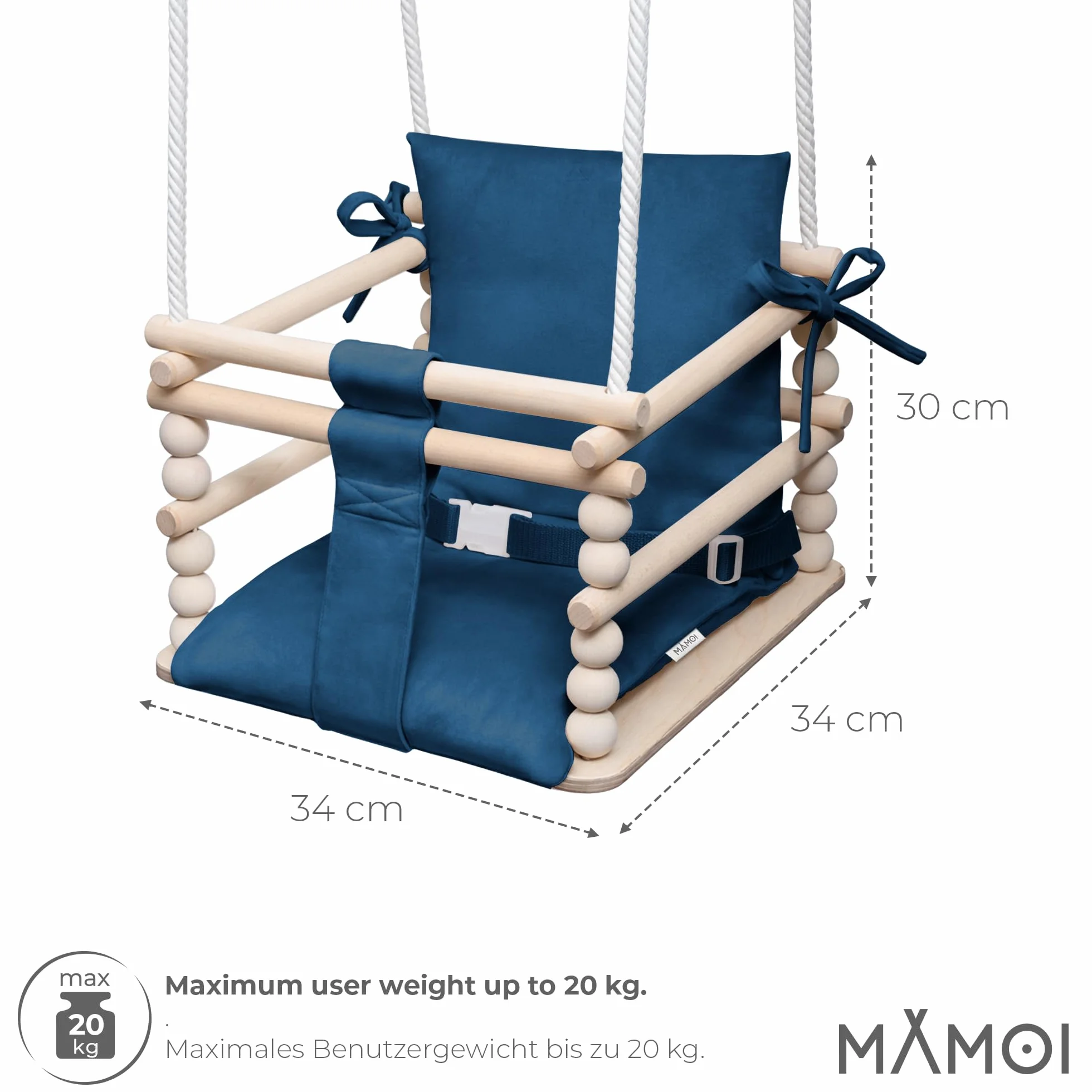 MAMOI® Huśtawka dziecięca 3 w 1 + PAS BEZPIECZEŃSTWA | Regulacja wysokości 190-260cm | Drewniana huśtawka dla dzieci | Wewnętrzna huśtawka dla dzieci do domu | CE | 100% ECO | Wyprodukowano w UE