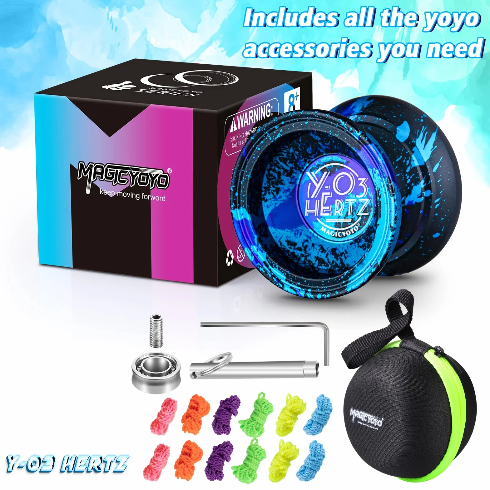JoJo Y03-Hertz Unresponsive Yo-Yo dla dzieci i dorosłych, profesjonalny trick JoJo Y03 dla zaawansowanych, profesjonalny metalowy Jo jo z długim czasem wirowania + 12 strun Yo-Yo + torba YoYo