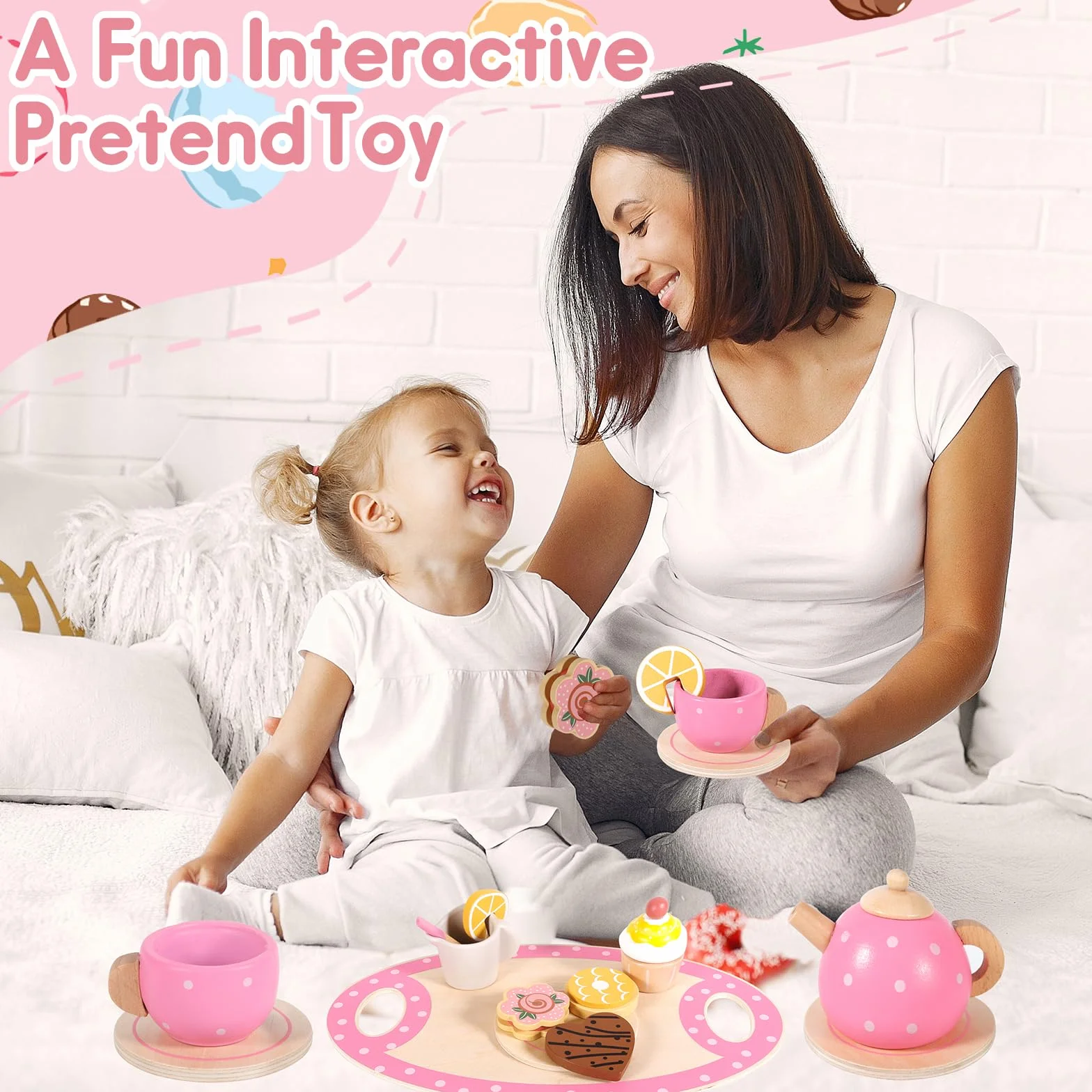 Drewniane zestawy do herbaty, zestaw do herbaty z zabawkami Montessori, zestaw do jadalni dla dzieci, drewniana zabawka kuchenna do udawania dla dzieci dziewczynki 3 4 5 6 7 lat, różowy