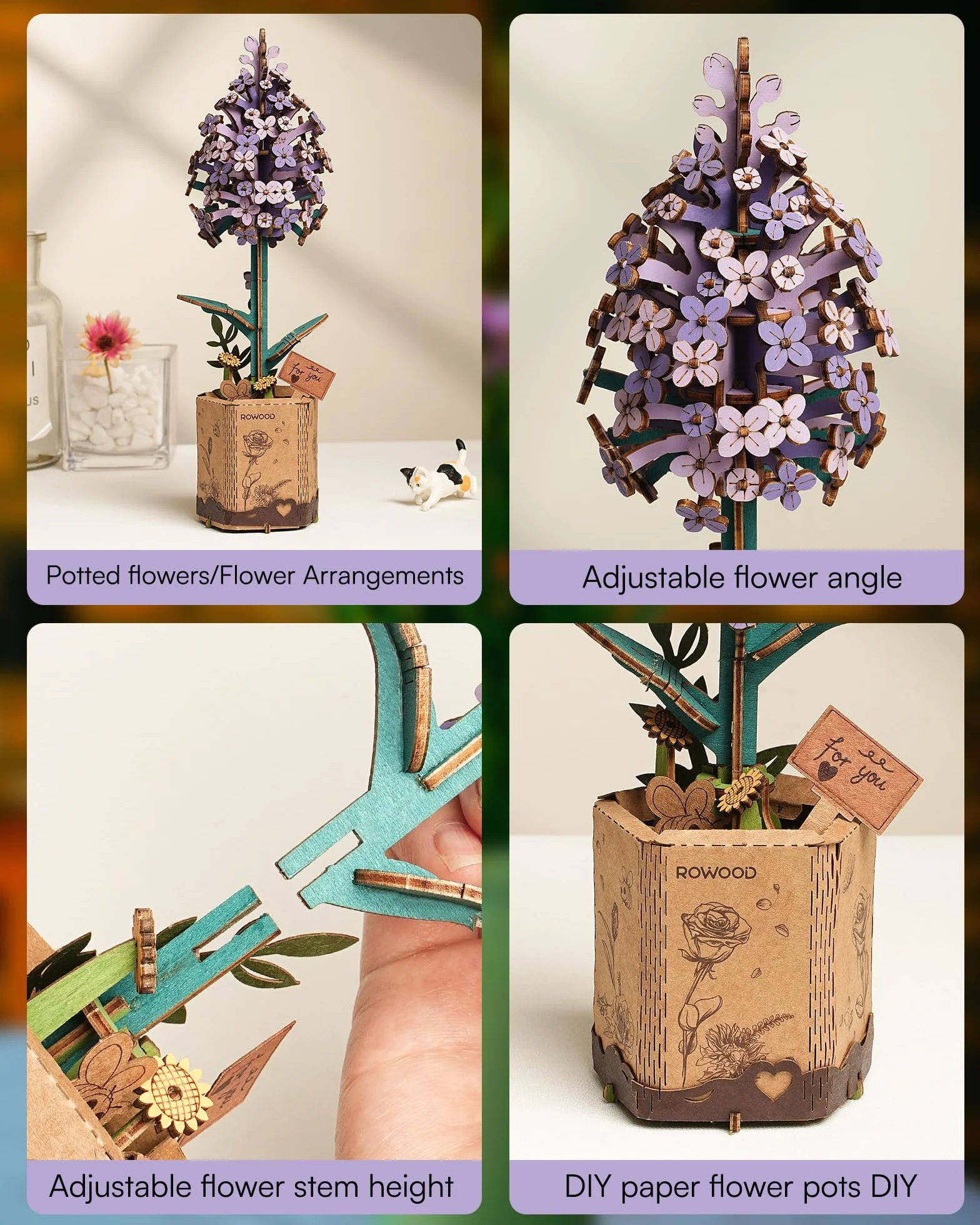 ROWOOD Puzzle 3D DIY Drewniane Kwiaty, Zestawy Modeli Sztucznych Kwiatów do Złożenia, Zestaw Rzemieślniczy dla Dorosłych, Najlepszy Zestaw Prezentowy na Walentynki i Dekoracja Domowa