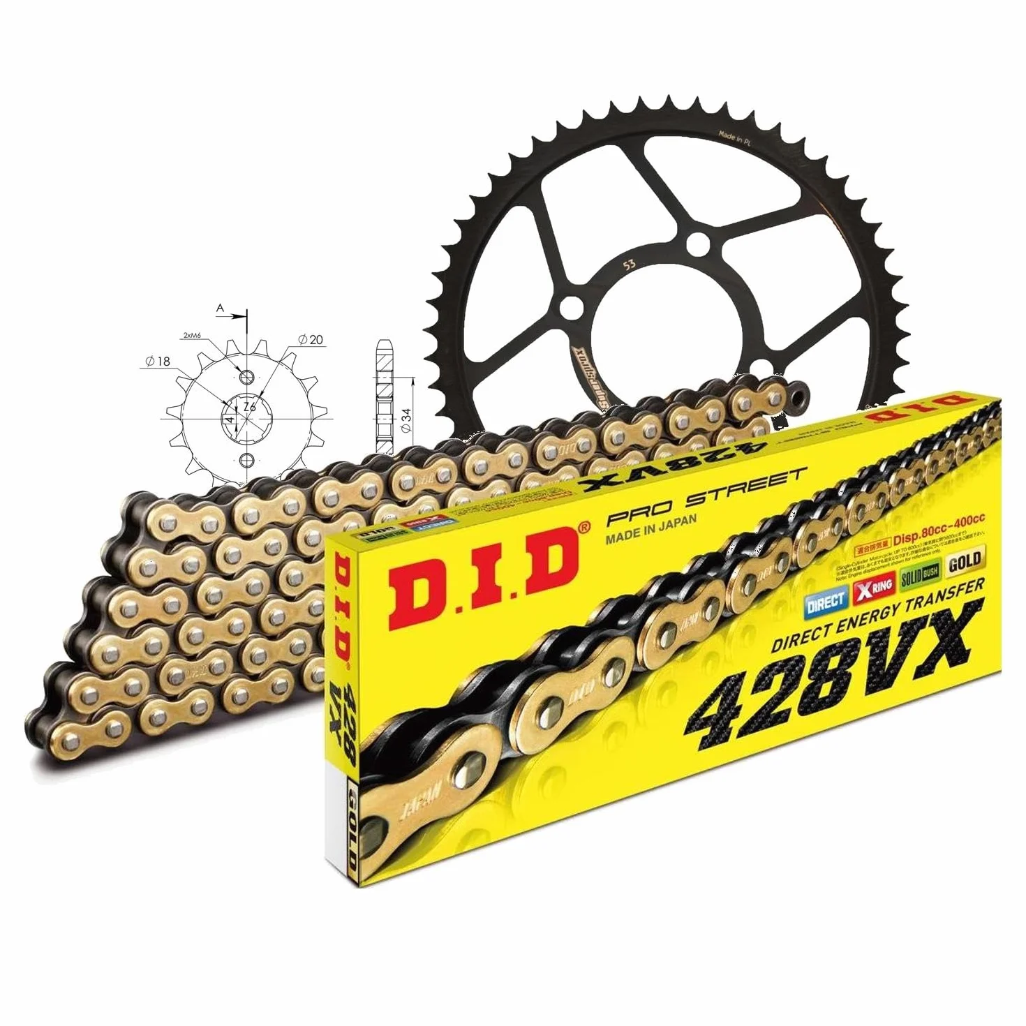 Zestaw łańcuchów DID stal 428VX / 130 zapięcie na klips do Honda MTX R S 125 ccm rok prod. 1983-1994