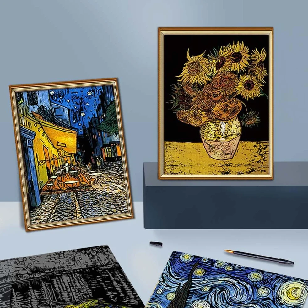 EGOSKY Obraz do drapania, 4 sztuki Van Gogha, tęczowy papier dla dorosłych i dzieci, DIY, sztuka, rękodzieło, drapak z 4 narzędziami do drapania