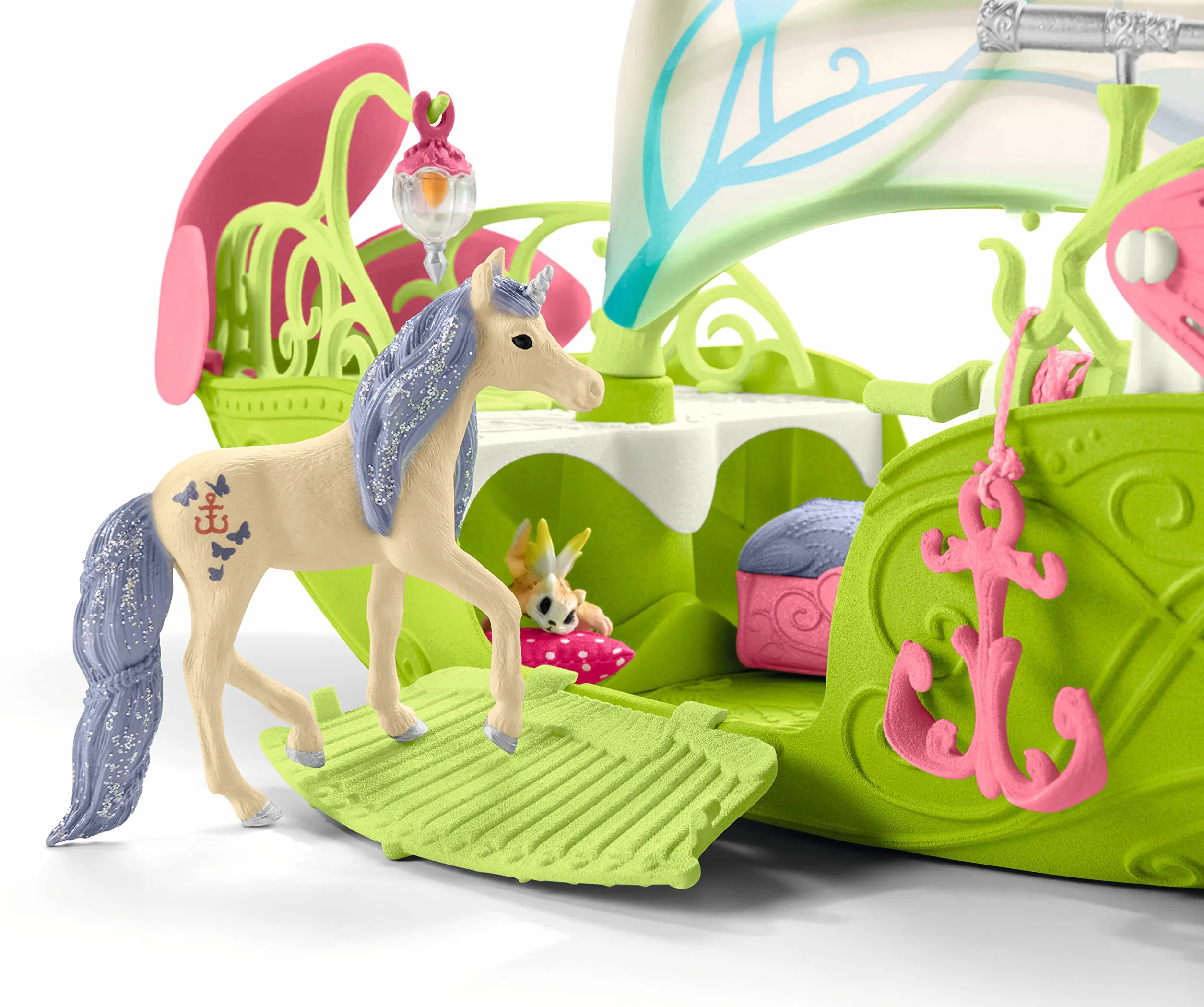 schleich 42444 BAYALA Seras magiczna łódź kwiatowa, 40-częściowy zestaw do zabawy z figurką jednorożca, elfa i skrzynią skarbów, zabawka dla dzieci od 5 lat