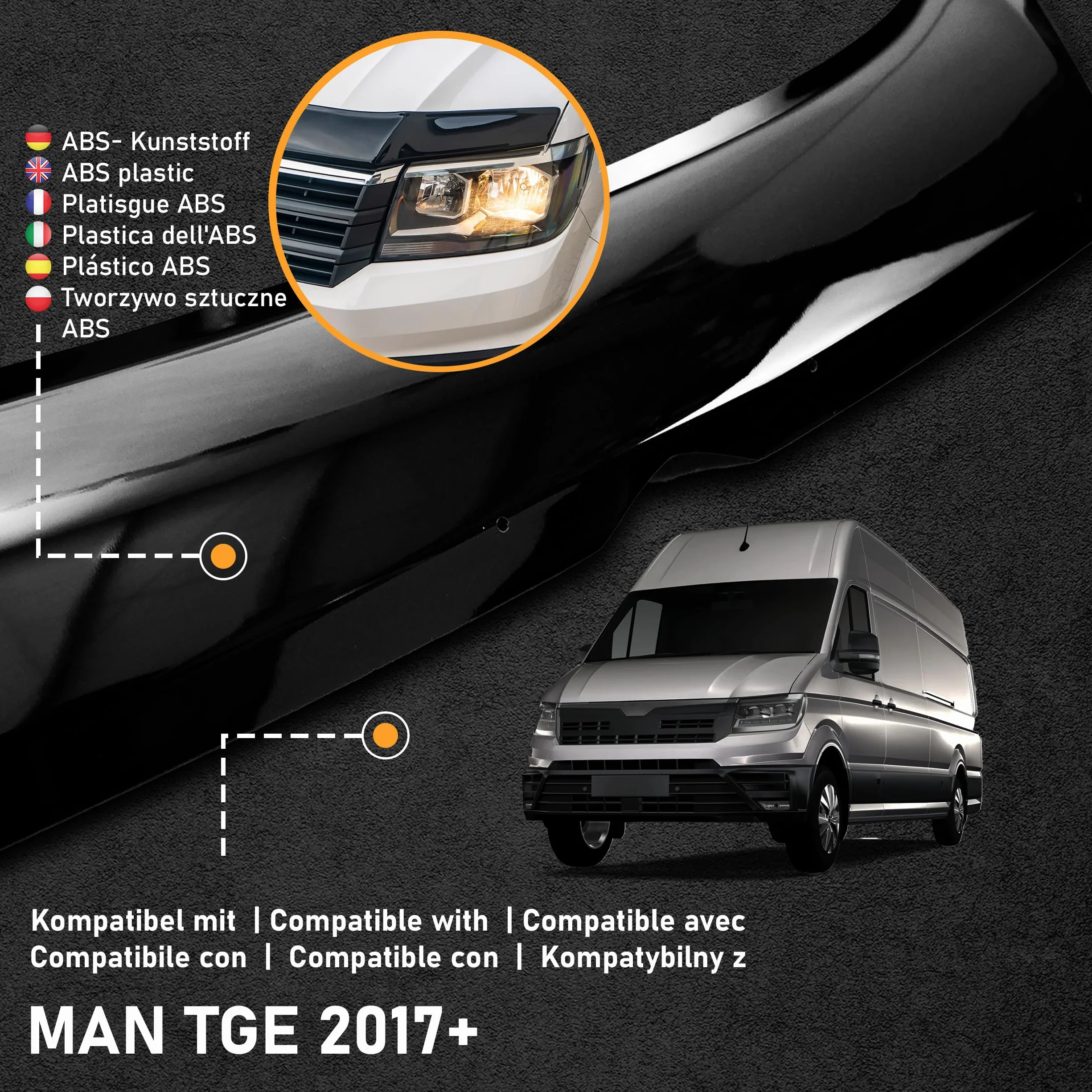 CHROMEMASTER | Akcesoria Samochodowe; Ochrona Przed Kamieniami; Osłona Maski Auta | Kompatybilna z MAN TGE od 2017 roku | Czarne Tworzywo ABS | Deflektor Chroni Maskę Przed Uszkodzeniem