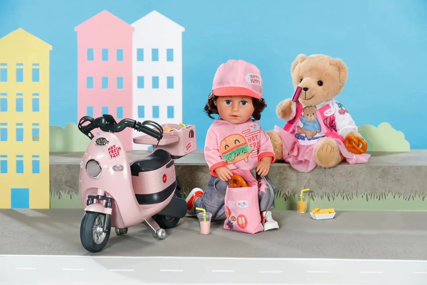 BABY born Snack Shop Outfit 835944 Zapf Creation kostium na zakupy z czapką, butami i plecakiem dla lalek 43 cm