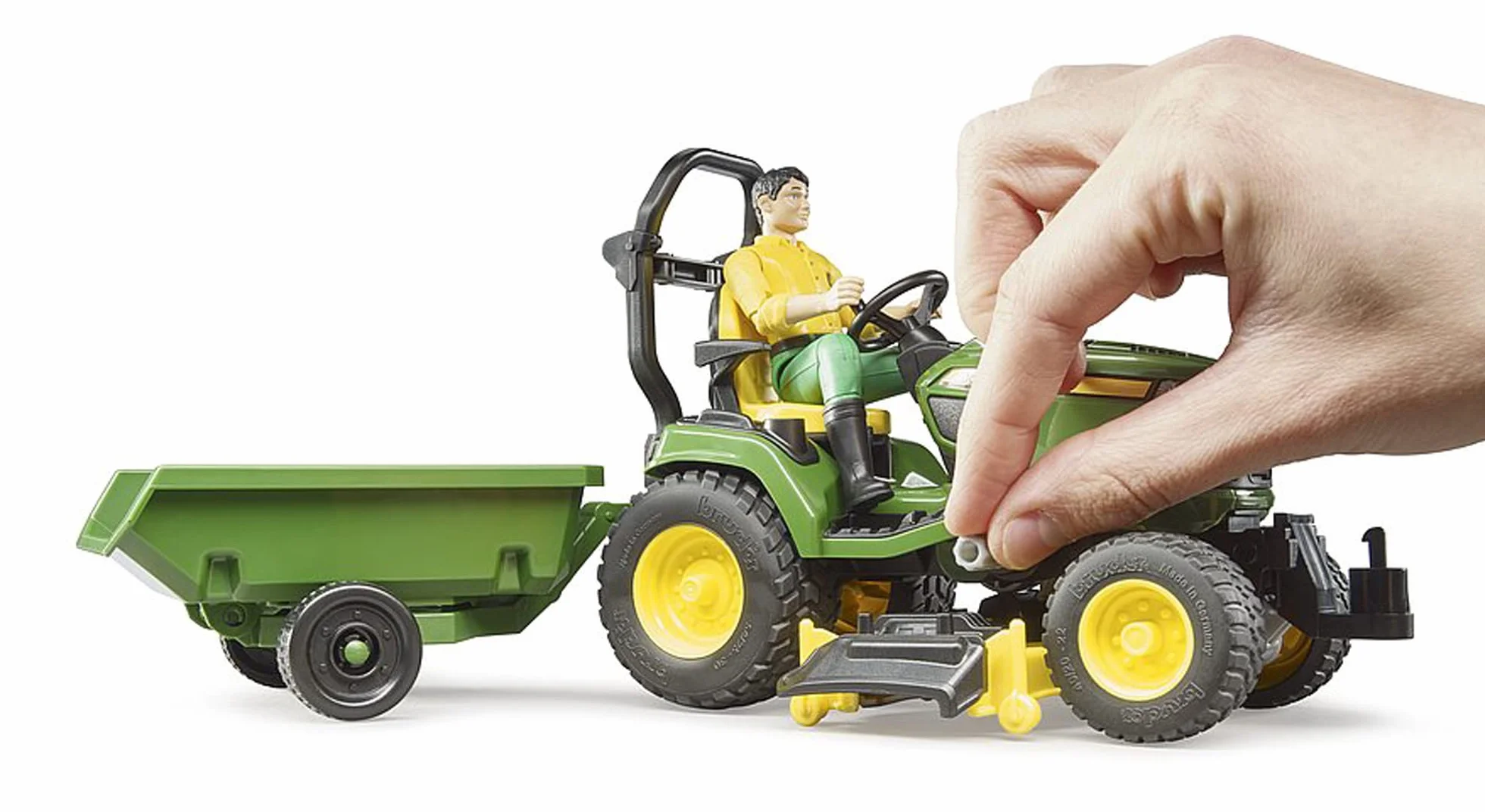 bruder 62104 - Bworld John Deere Traktor ogrodowy z przyczepą i ogrodnikiem - 1:16 Traktor, kosiarka, przyczepa, gospodarstwo, mężczyzna, zabawka figurkowa, pracownik, rolnik
