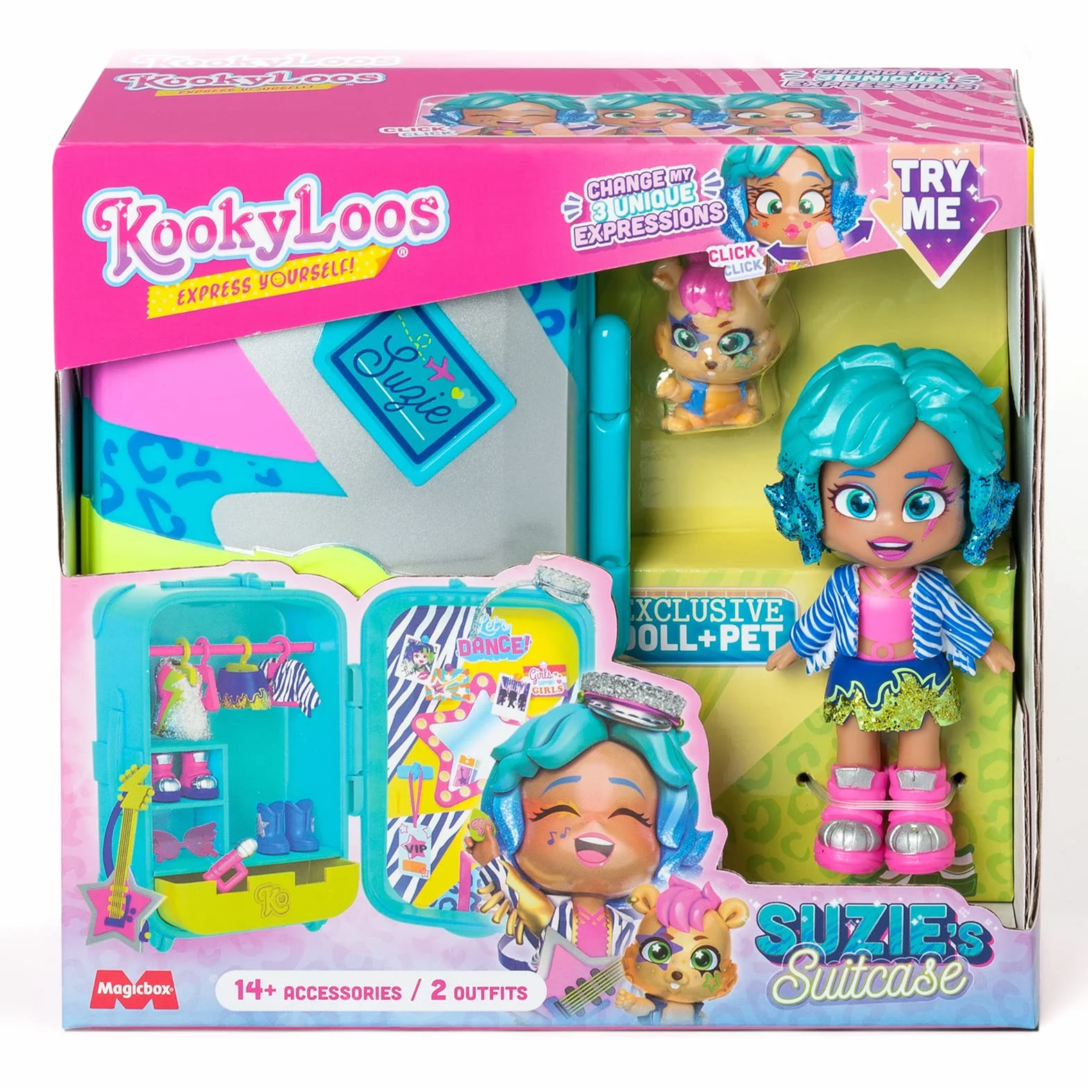 KookyLoos Suzie Q´s Suitcase, walizka dla lalek z ponad 14 akcesoriami modowymi i ekskluzywną lalką z 3 zabawnymi wyrazami, w zestawie ubrania, akcesoria i buty, wieszaki i ekskluzywne zwierzę