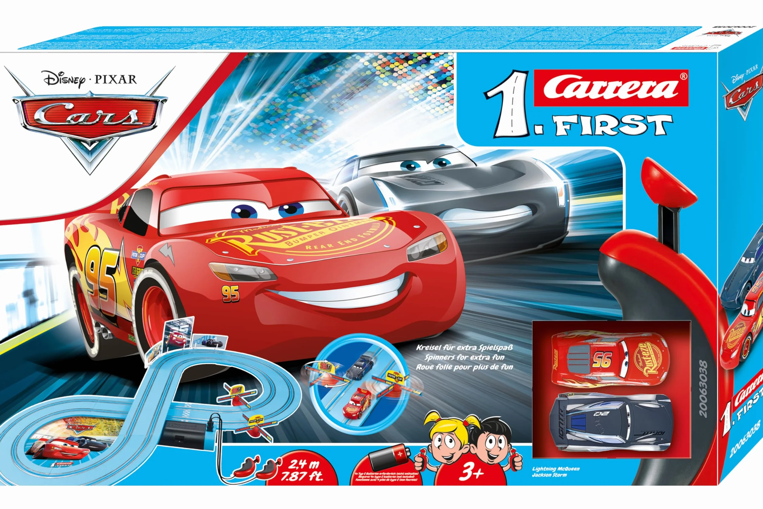 Carrera 20063038 Carrera First Disney Pixar Auta - mocne starcie tor wyścigowy 2,4 m 2 zdalnie sterowane samochody z Zygzakiem McQueenem oraz Jacksonem Sztormem prezenty na Wielkanoc