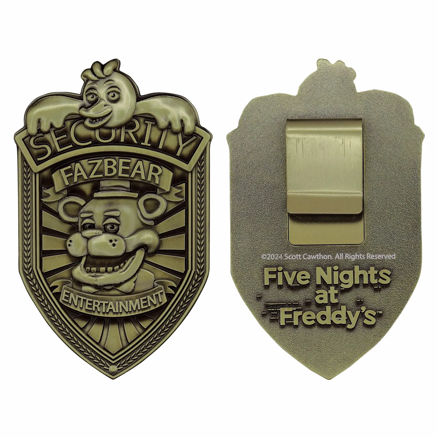 FaNaTtik Five Nights at Freddy's Replika Odznaka Bezpieczeństwa – Limitowana Edycja w Antycznym Kolorze Brązowym FNAF Kolekcjonerska z Zapięciem, Przepustką i Skrzynką Kolekcjonerską