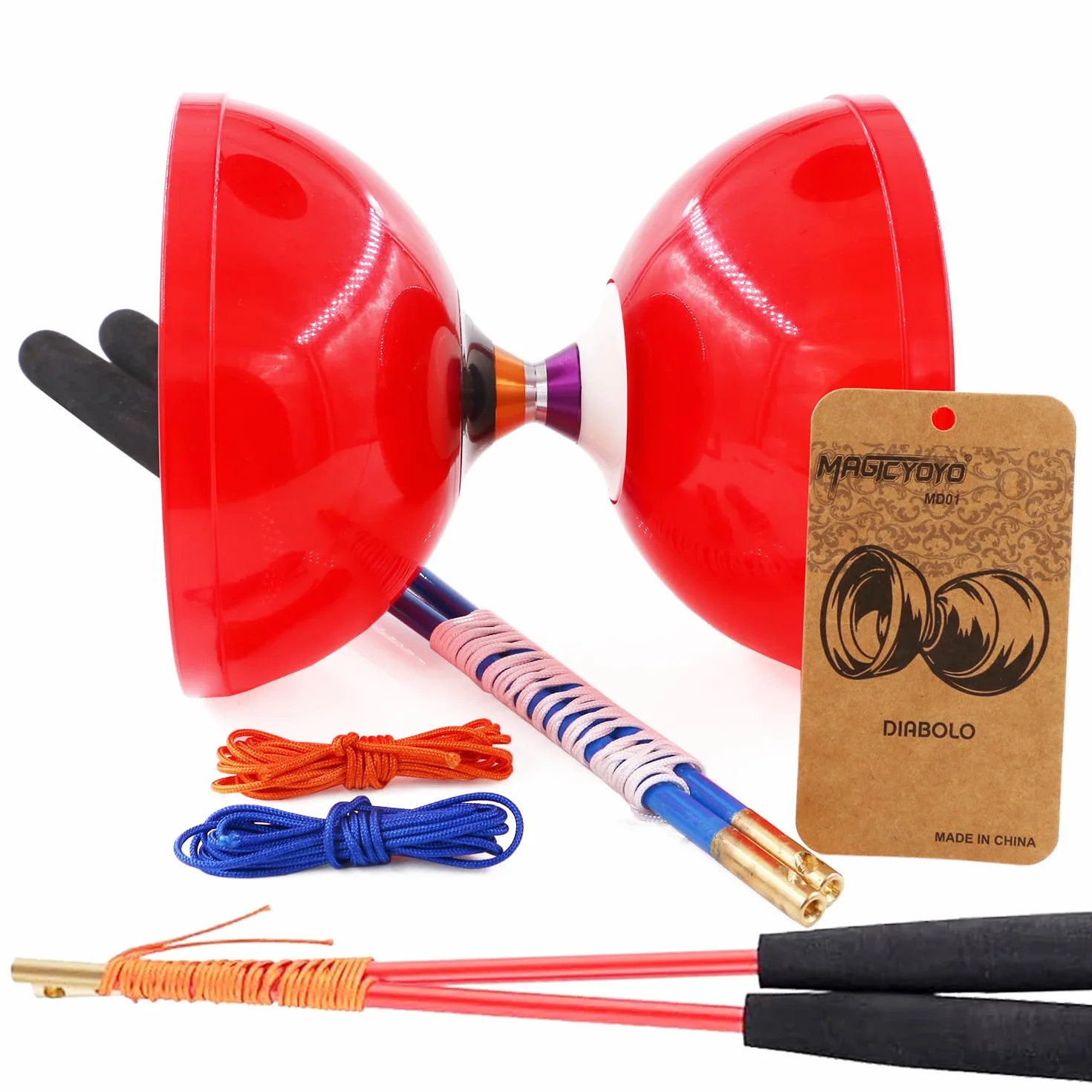 MAGICYOYO MD01 Grand Diabolo Professional potrójne łożyska z 2 parami wskaźników + 4 szpikulec, zestaw żonglerów dla dzieci, dorosłych i początkujących, czerwony