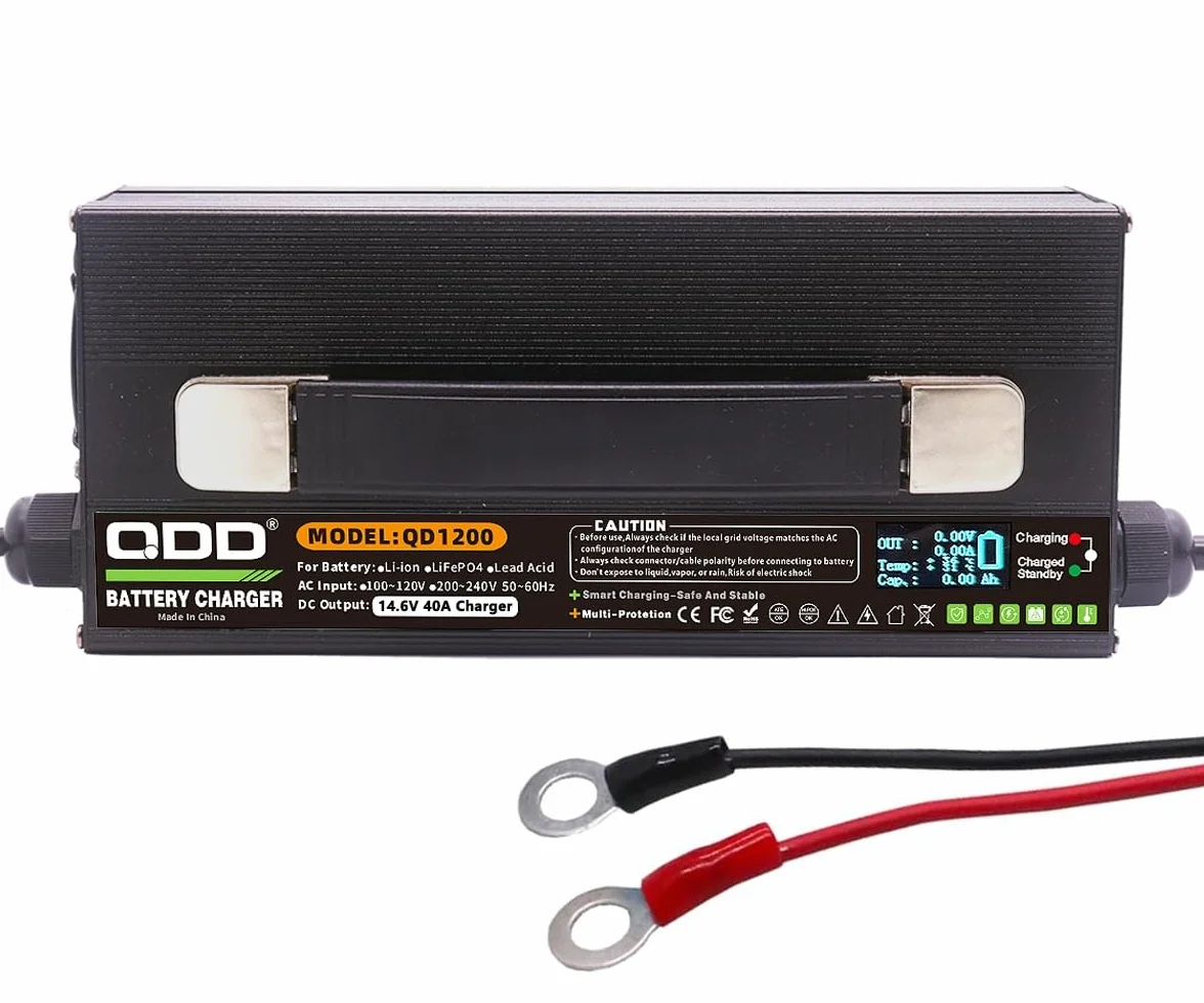 QDD LiFePO4 ładowarka do akumulatorów 14,6 V 40 A, specjalnie do akumulatorów LiFePO4 12 V, ze wskaźnikiem LED, inteligentna ładowarka AC-DC do baterii litowych 12,8 V LiFePO4, szybkie ładowanie 40 A