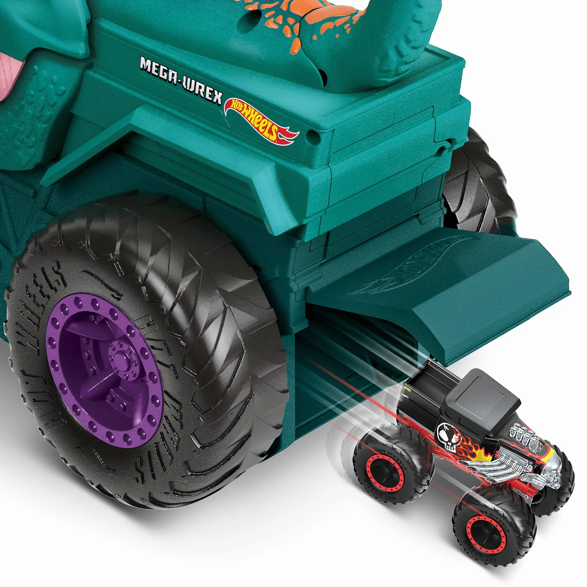 Hot Wheels Monster Trucks Pożeracz aut Mega Wrex Duży pojazd ze światełkami i efektami dźwiękowymi, „pożera” i „wypuszcza” metalowe autka i Monster Trucki w skali 1:64, od 4 roku życia, GYL13