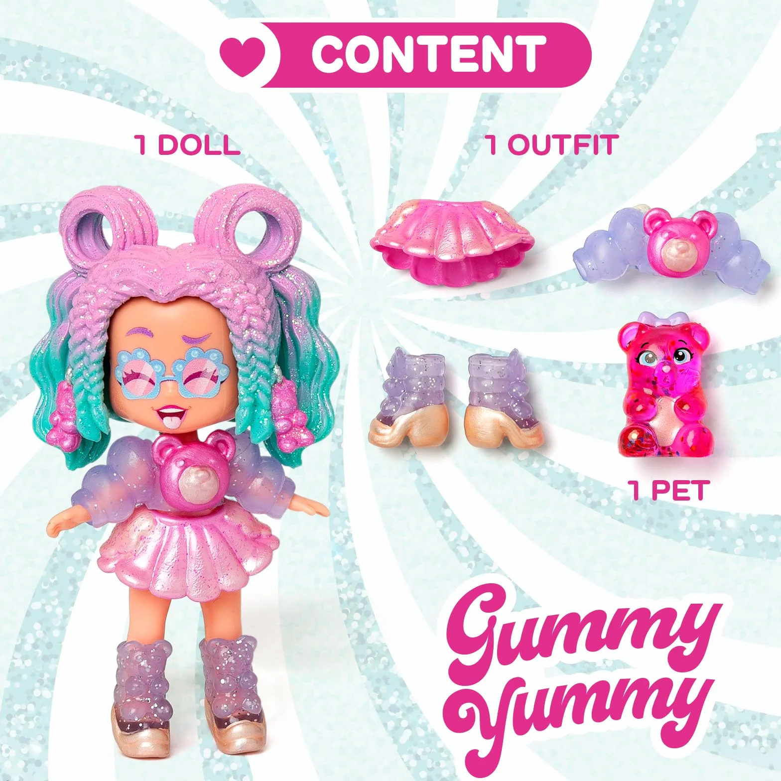 KOOKYLOOS Candy Land Series GUMMY YUMMY – laleczka do kolekcjonowania z serii Candy Land, zawartość: 1 lalka, zestaw ubrań i butów,akcesorium oraz zwierzątko,1 lalka ma 3 różne buzie!