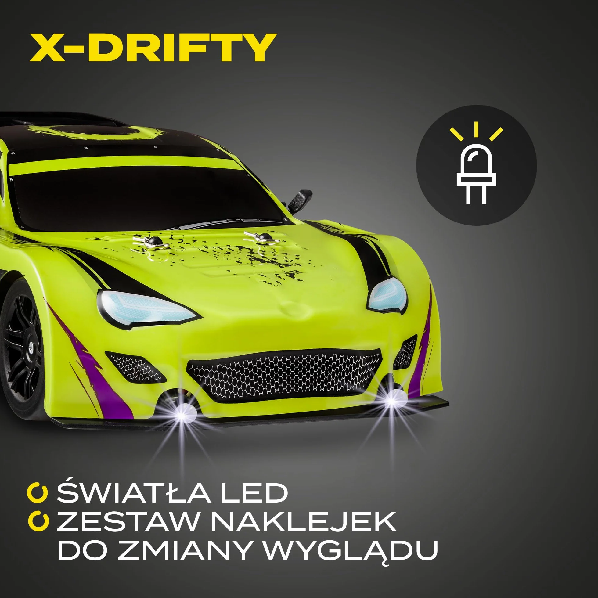 OVERMAX X-Drifty Zdalnie Sterowany Samochód RC dla Dzieci 3+, Auto do Driftu 1:16, 20 km/h, Zasięg do 80 m, napęd 4WD, 2 Baterie 500 mAh Zestaw Kół, Zestaw Przeszkód Naklejki